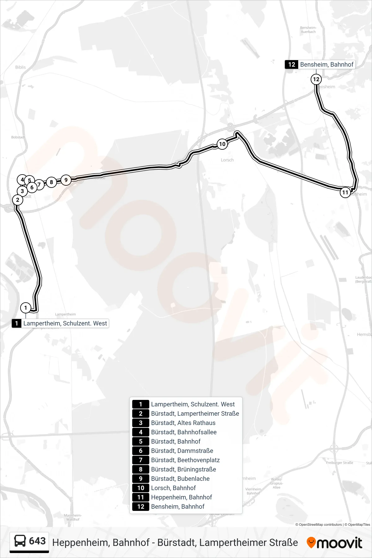 643 bus Line (Bensheim, Bahnhof) route and stops on a map