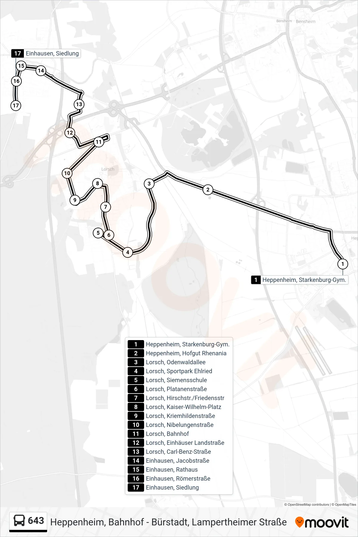 643 bus Line (Einhausen, Siedlung) route and stops on a map