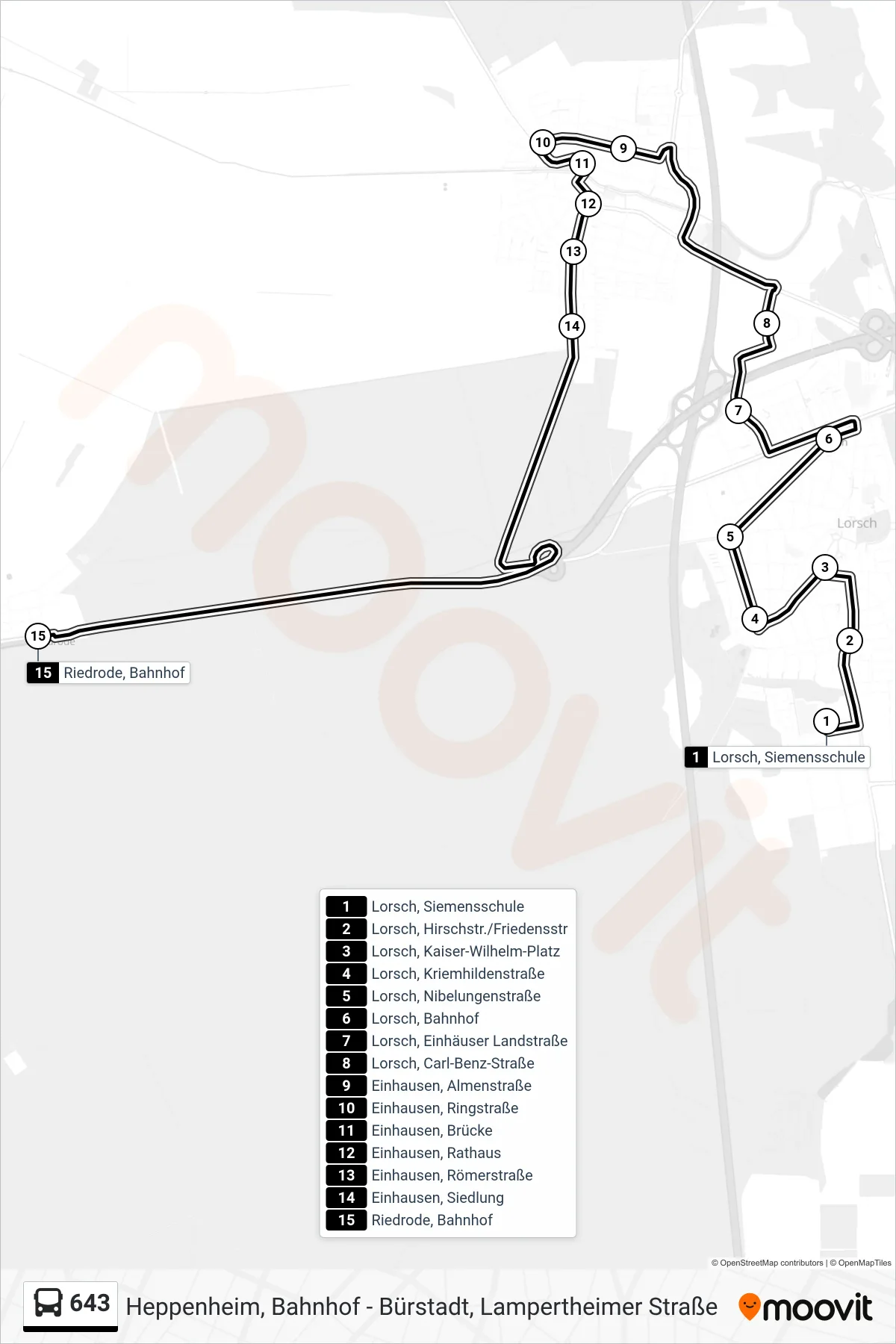 643 bus Line (Riedrode, Bahnhof) route and stops on a map
