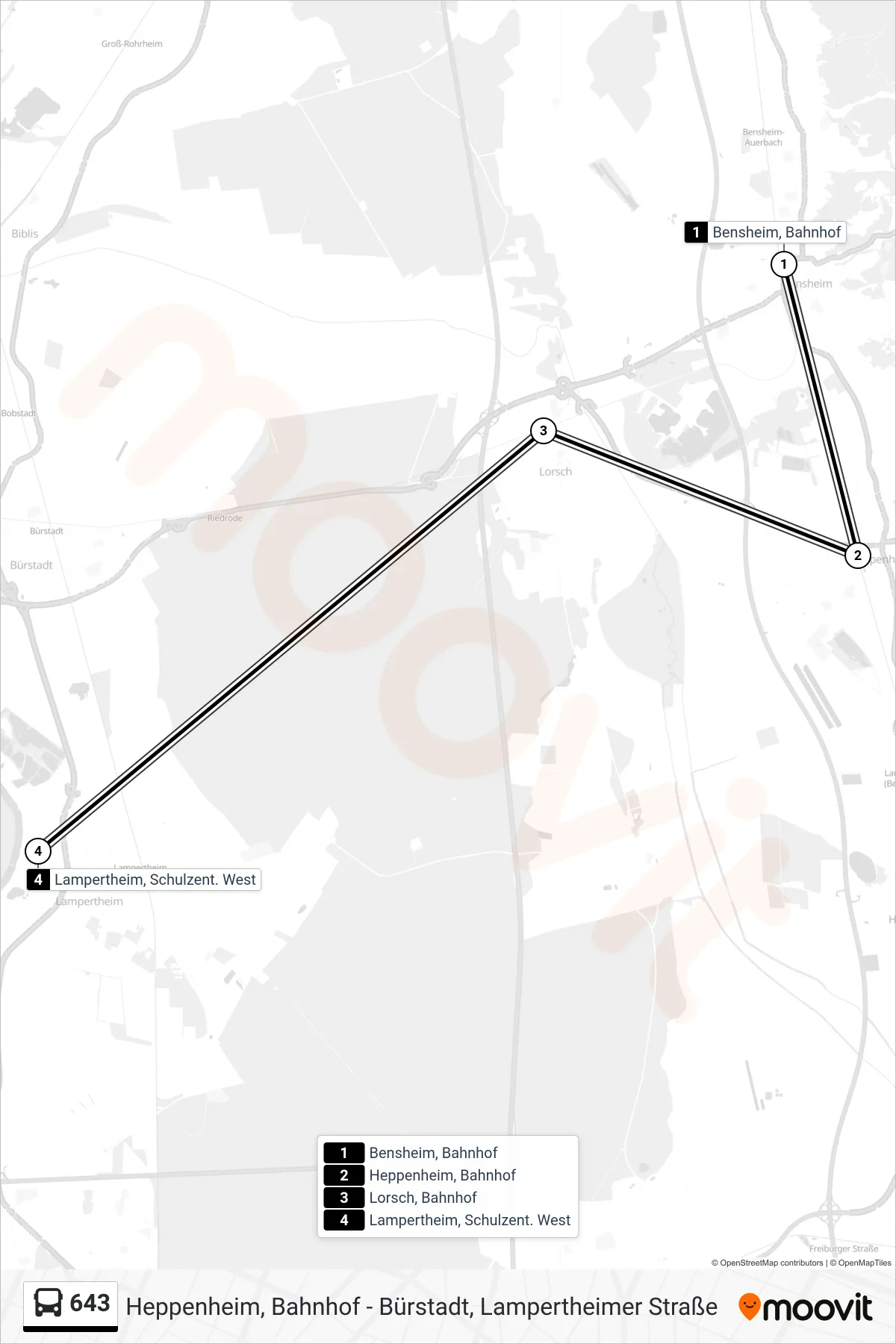 643 bus Line (Lampertheim, Schulzent. West) route and stops on a map