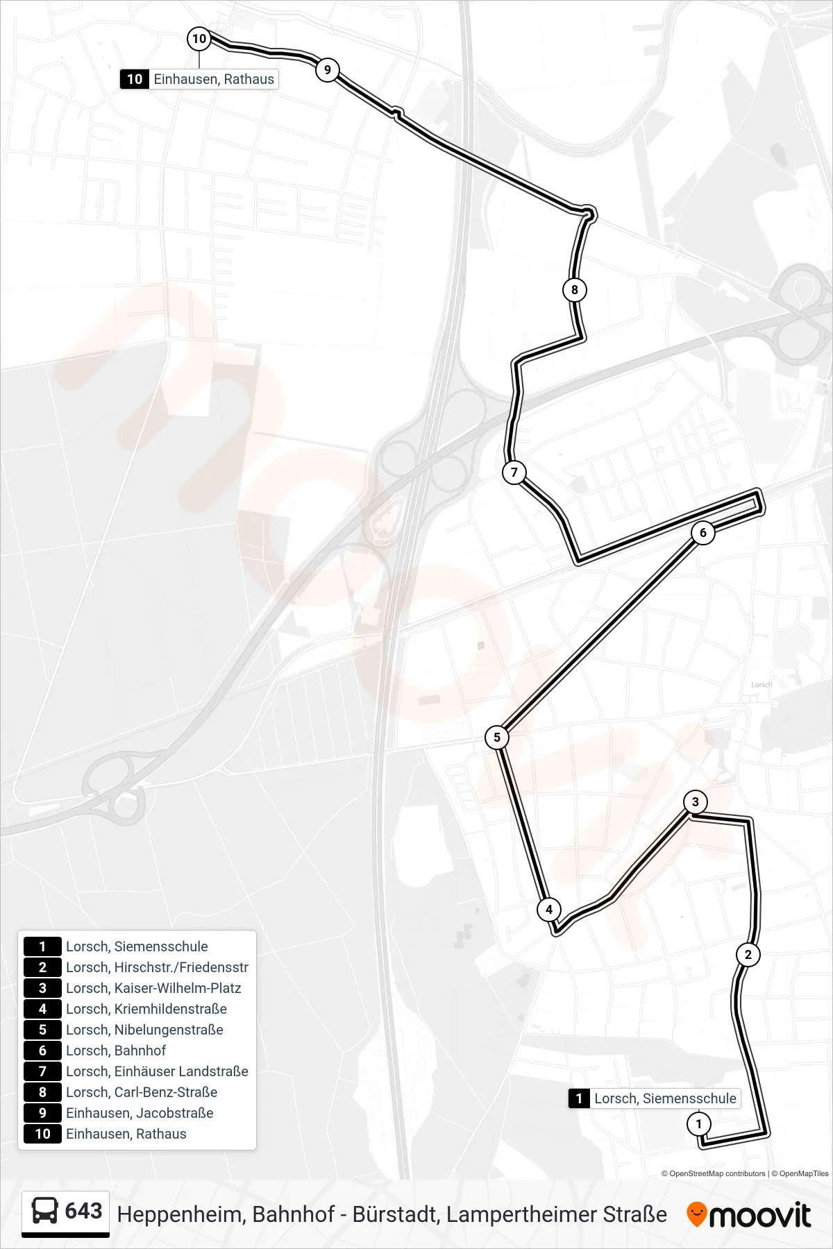 643 bus Line (Einhausen, Rathaus) route and stops on a map