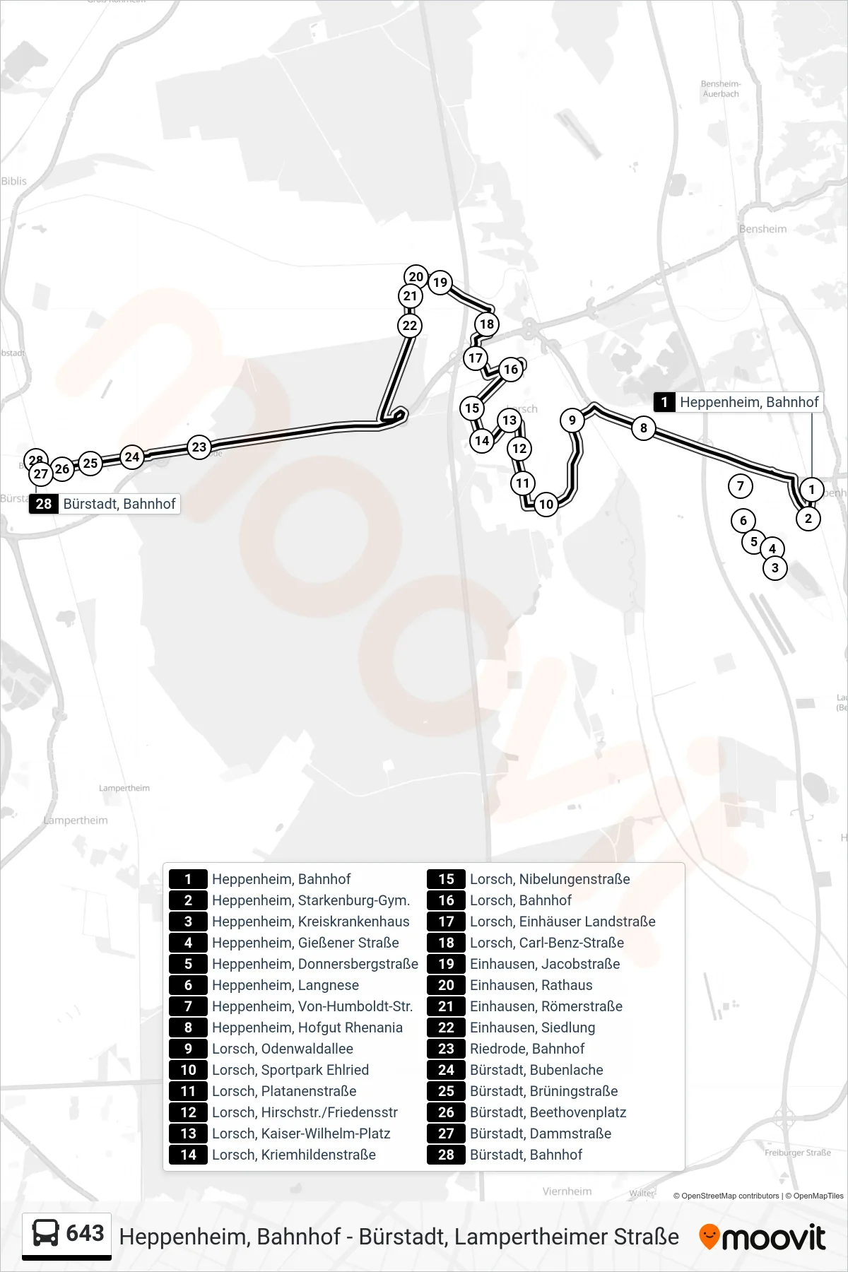 643 bus Line (Bürstadt, Bahnhof) route and stops on a map