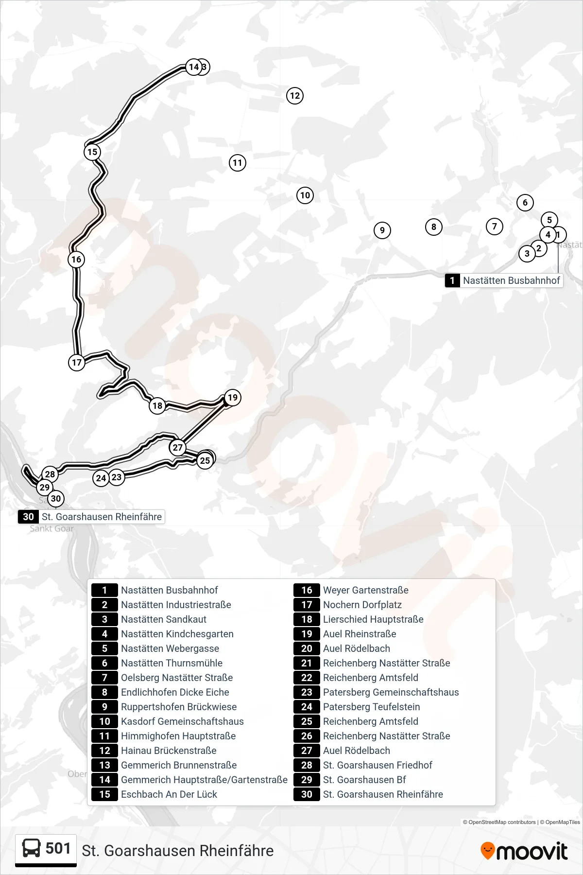 501 bus Line (St. Goarshausen Rheinfähre) route and stops on a map