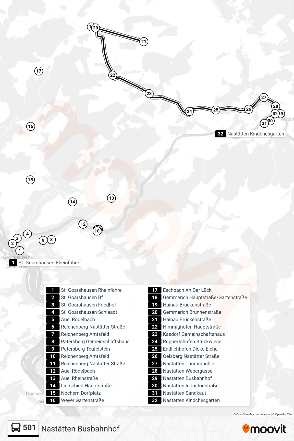 501 bus Line (Nastätten Busbahnhof) route and stops on a map