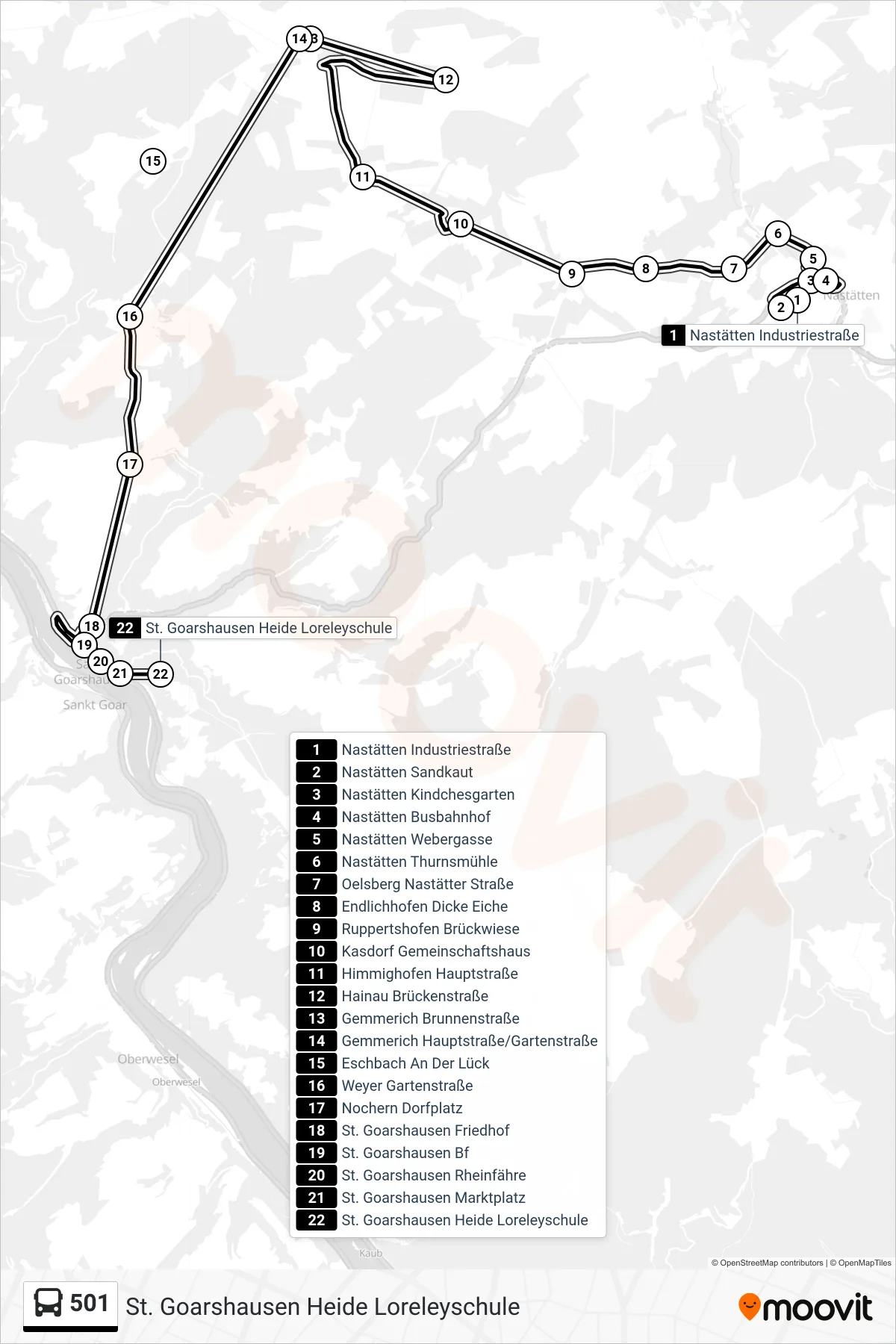 501 bus Line (St. Goarshausen Heide Loreleyschule) route and stops on a map