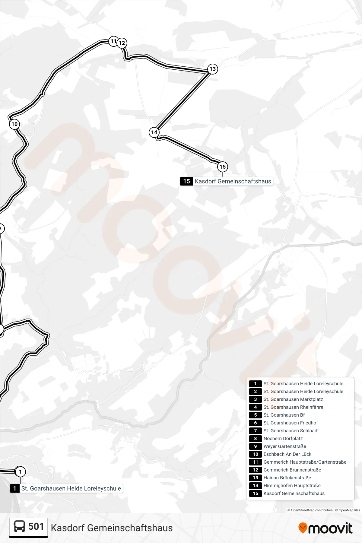 Linie 501 (Bus) Richtung Kasdorf Gemeinschaftshaus: Route und Haltestellen auf der Karte