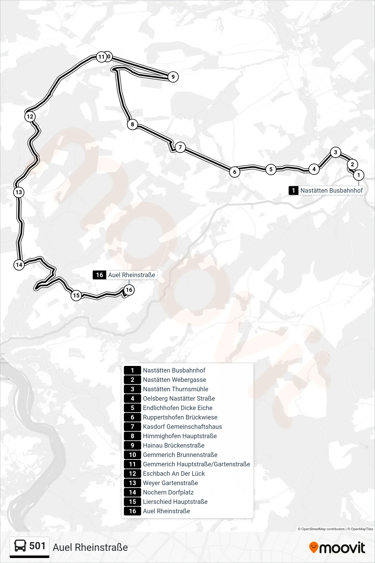 501 bus Line (Auel Rheinstraße) route and stops on a map
