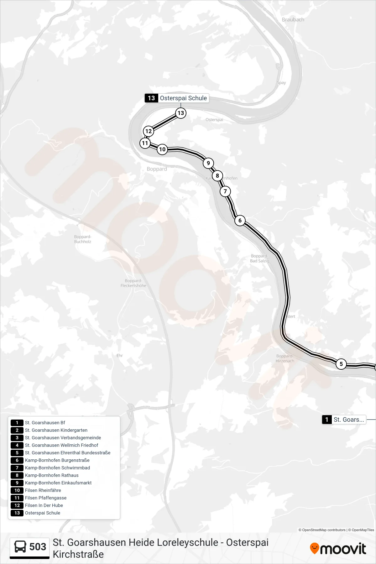 503 bus Line (Osterspai Schule) route and stops on a map