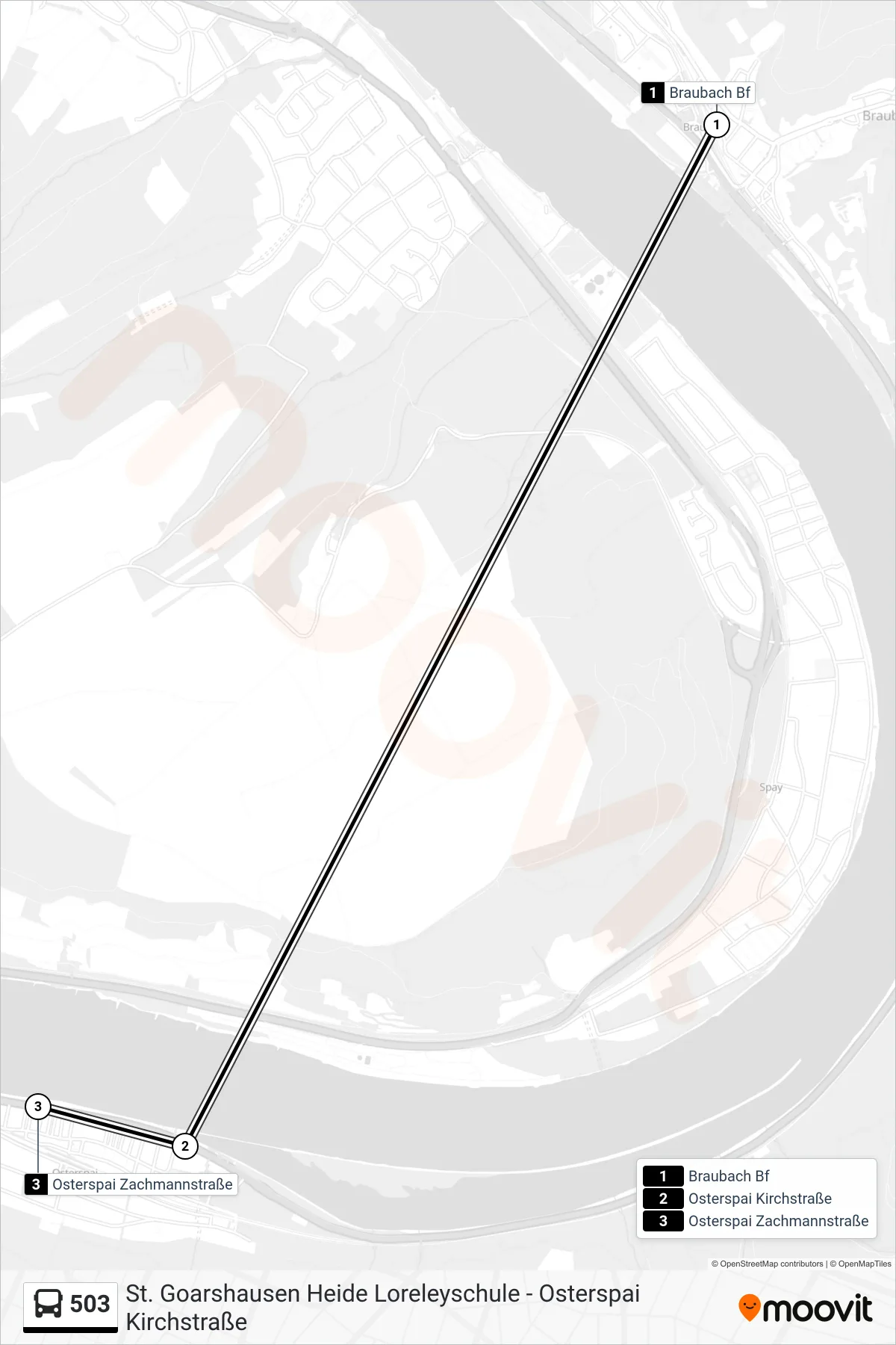 503 bus Line (Osterspai Zachmannstraße) route and stops on a map