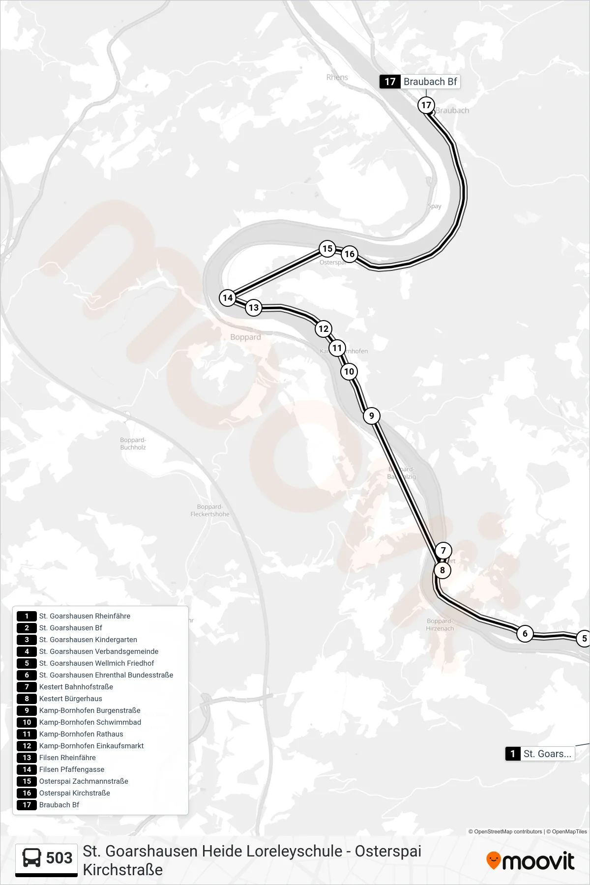 503 bus Line (Braubach Bf) route and stops on a map