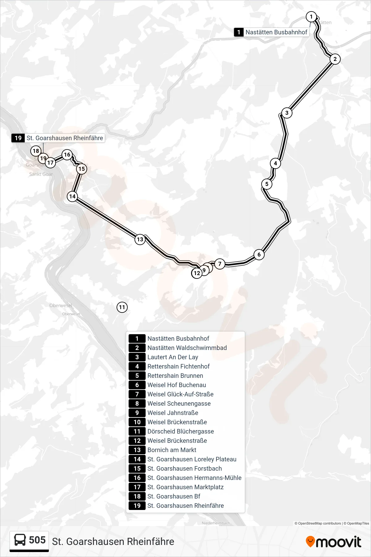 Linie 505 (Bus) Richtung St. Goarshausen Rheinfähre: Route und Haltestellen auf der Karte