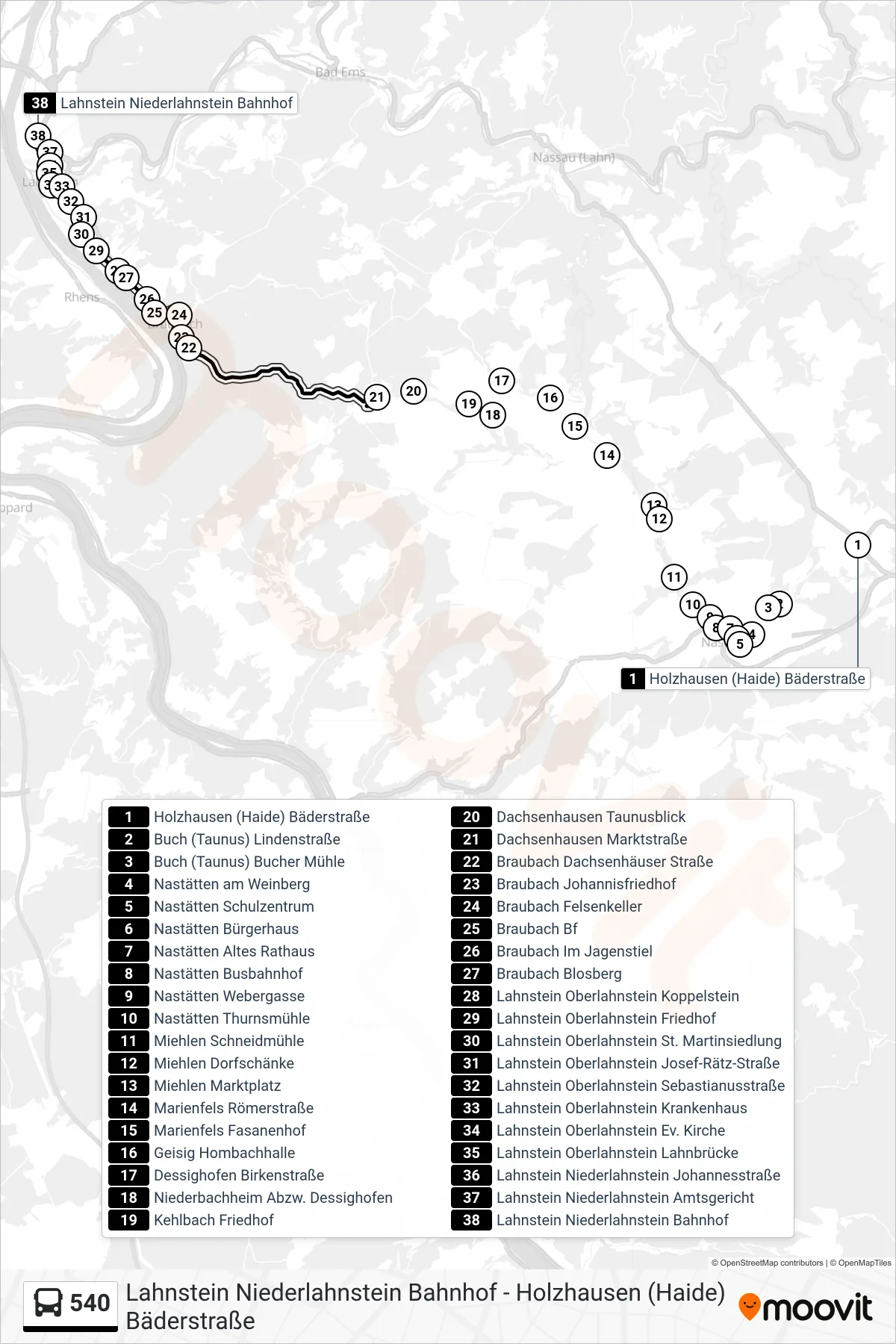 Linie 540 (Bus) Richtung Lahnstein Niederlahnstein Bahnhof: Route und Haltestellen auf der Karte