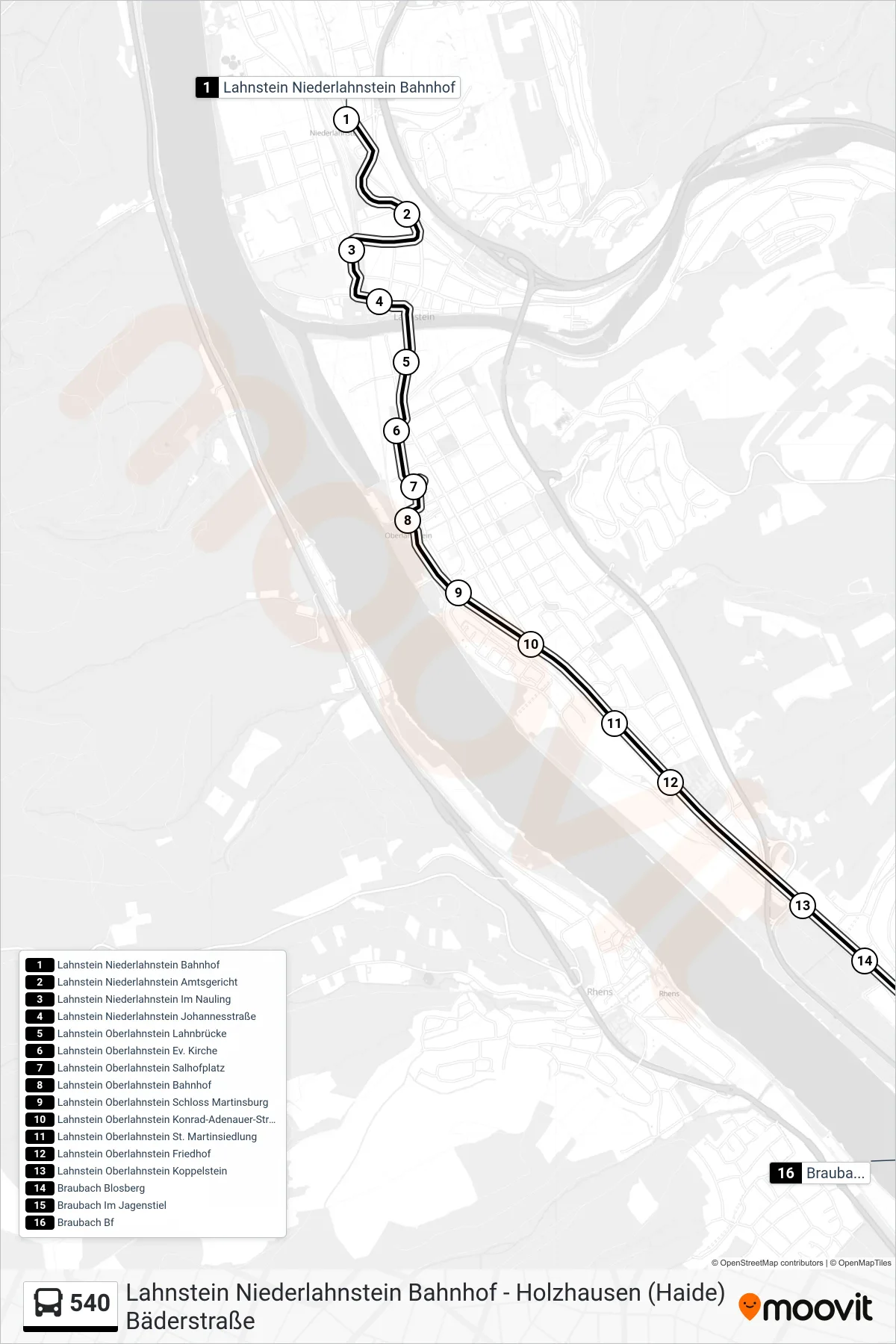 540 bus Line (Braubach Bf) route and stops on a map