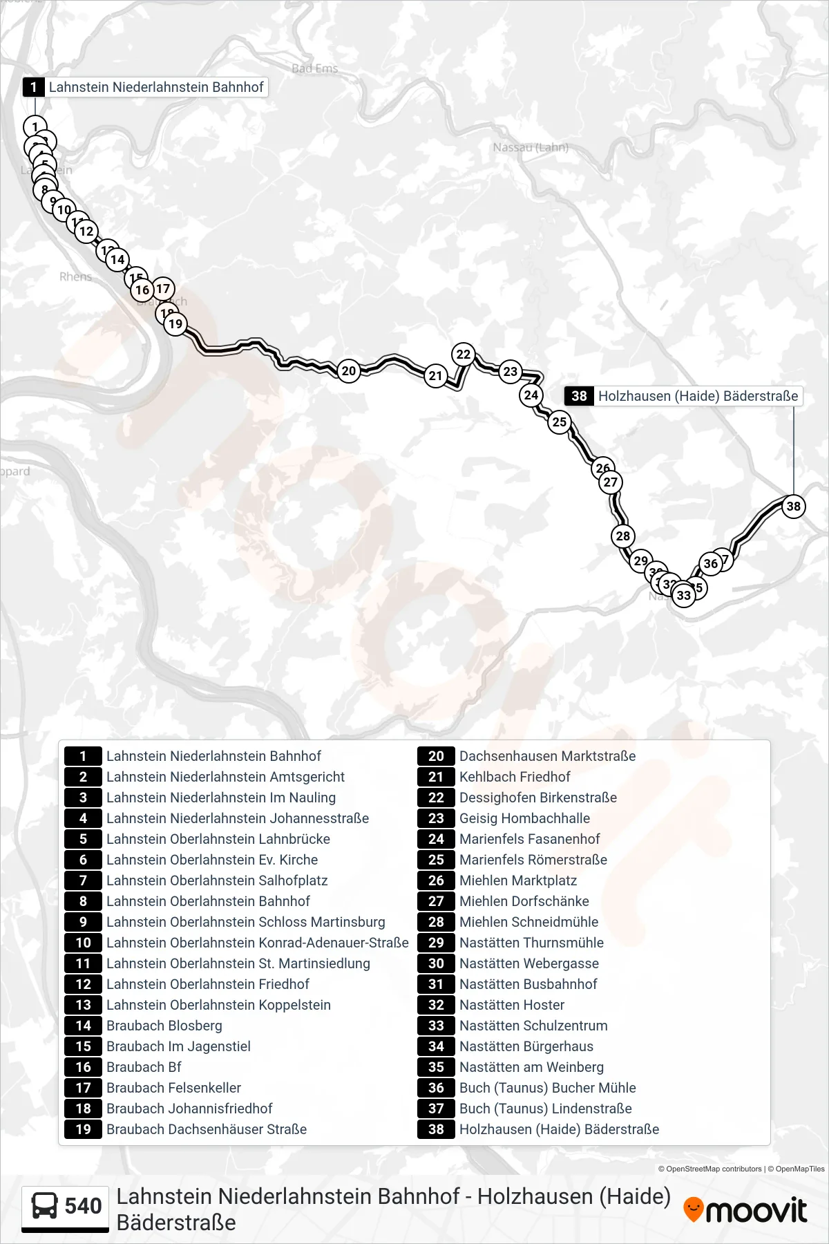 540 bus Line (Holzhausen (Haide) Bäderstraße) route and stops on a map