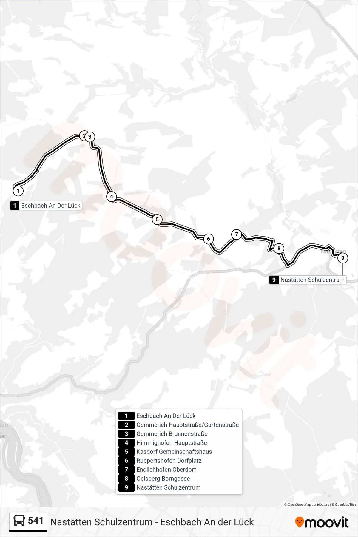 Linie 541 (Bus) Richtung Nastätten Schulzentrum: Route und Haltestellen auf der Karte