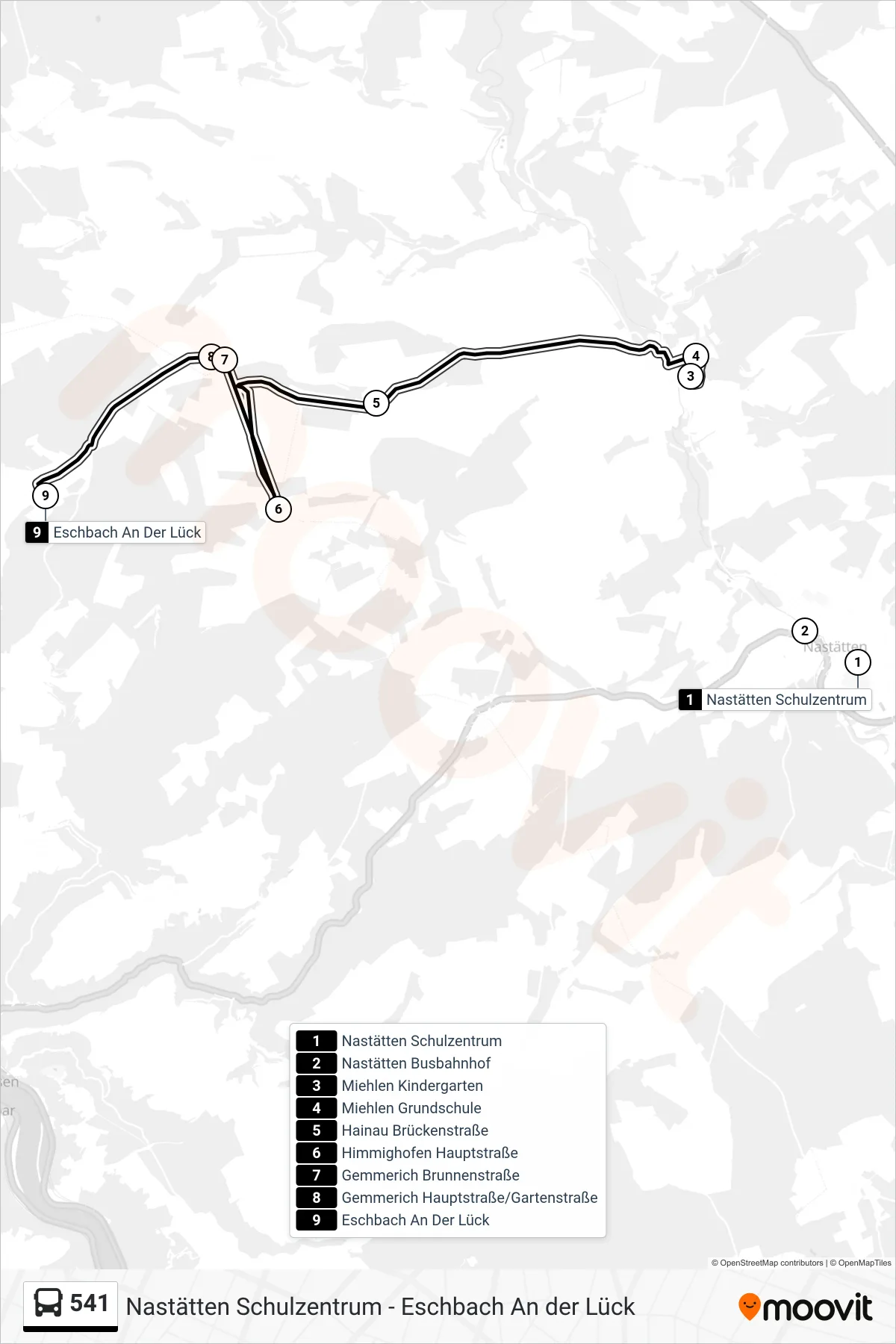 541 bus Line (Eschbach An Der Lück) route and stops on a map