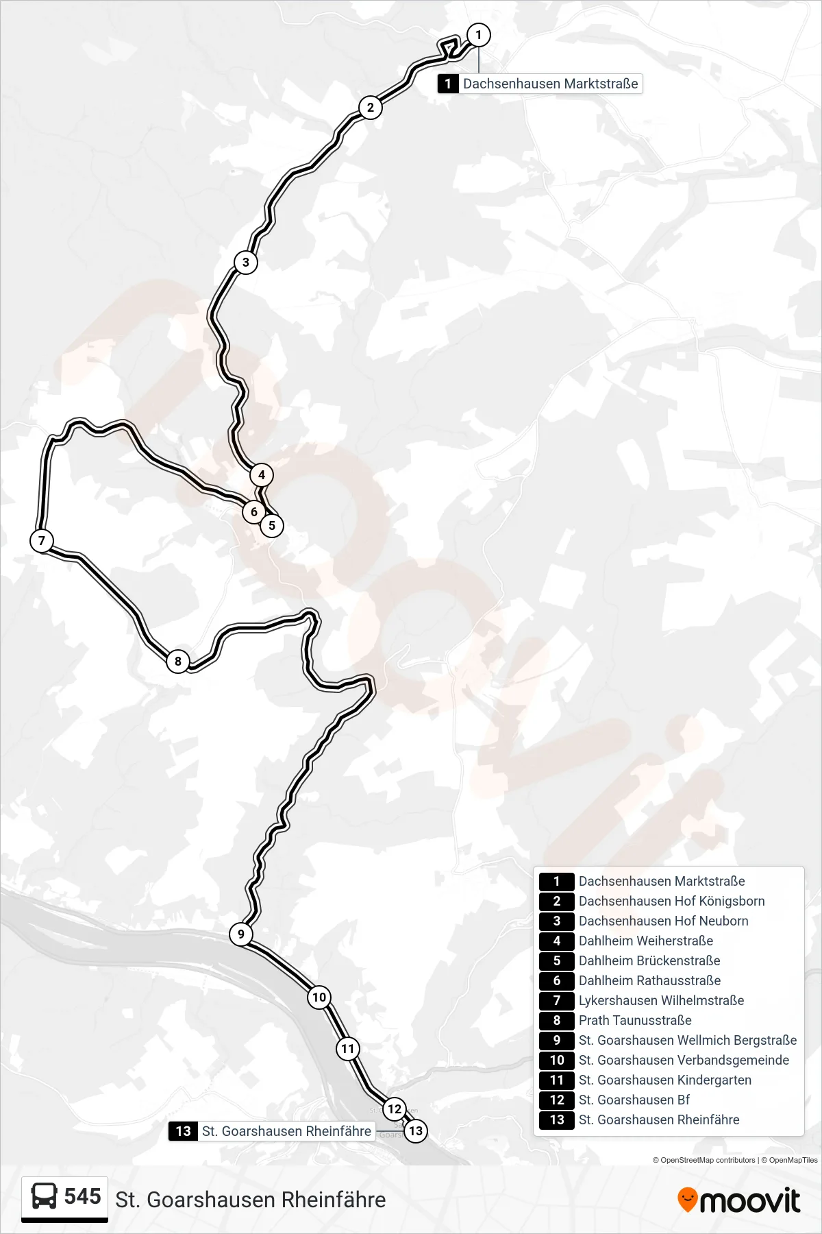 545 bus Line (St. Goarshausen Rheinfähre) route and stops on a map