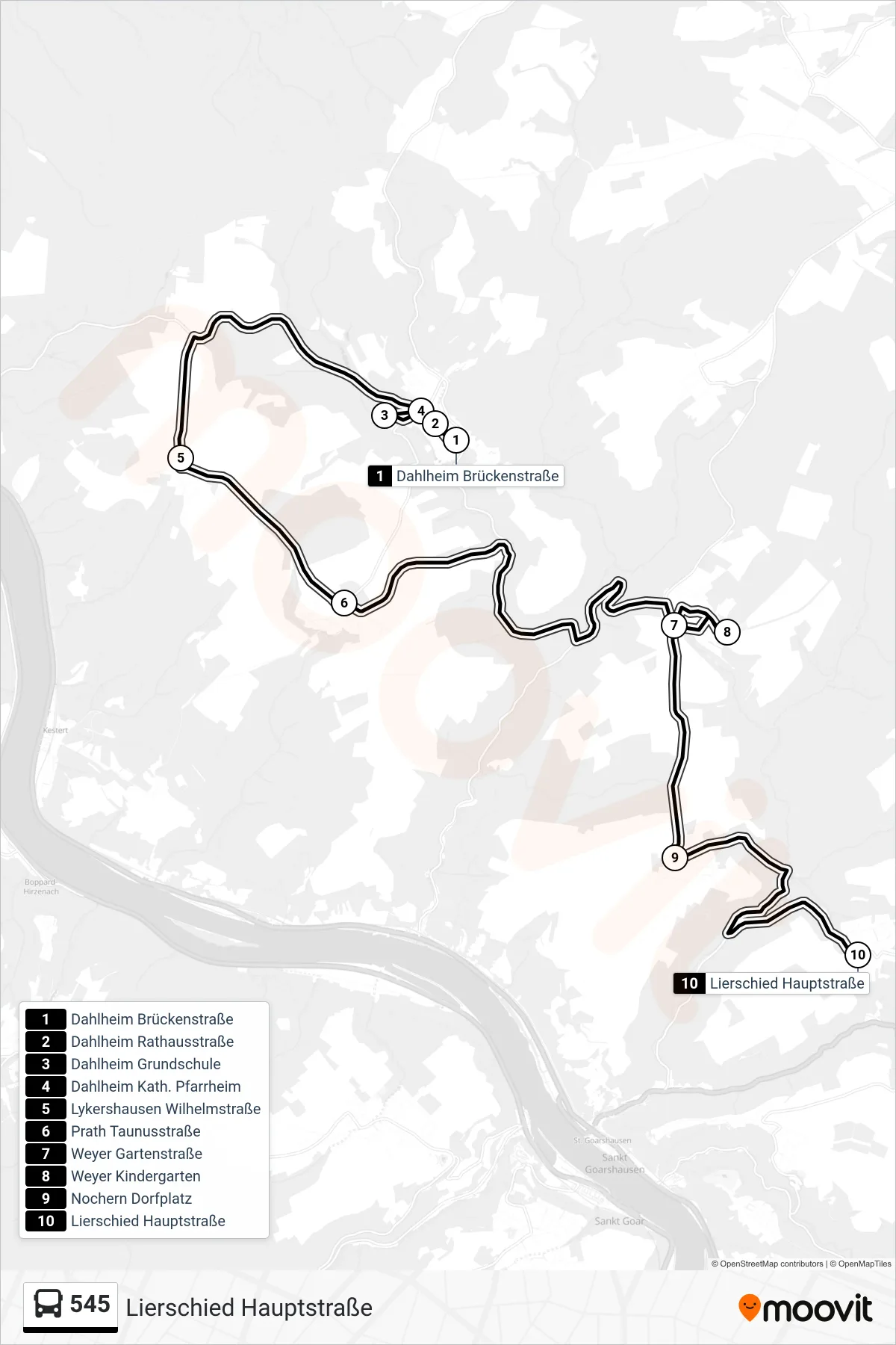545 bus Line (Lierschied Hauptstraße) route and stops on a map