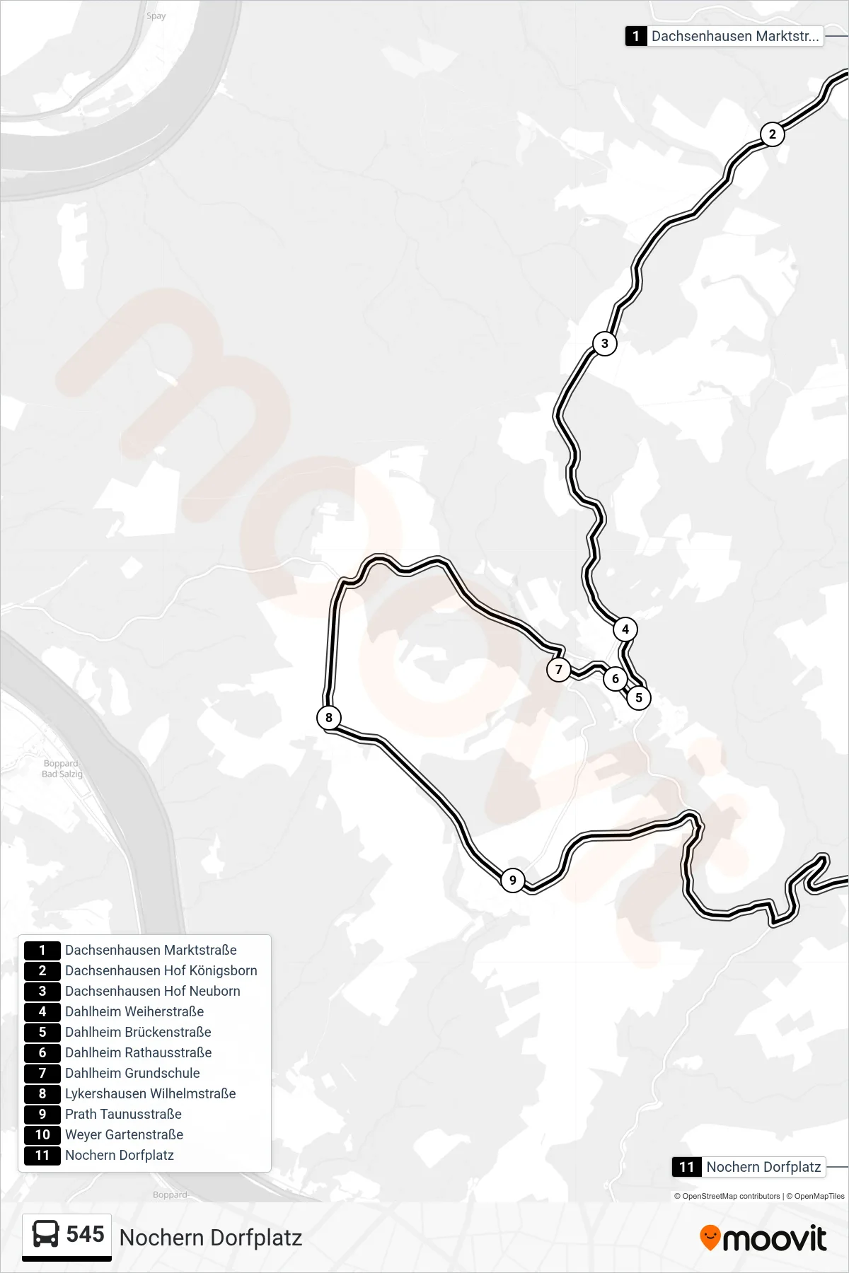 545 bus Line (Nochern Dorfplatz) route and stops on a map