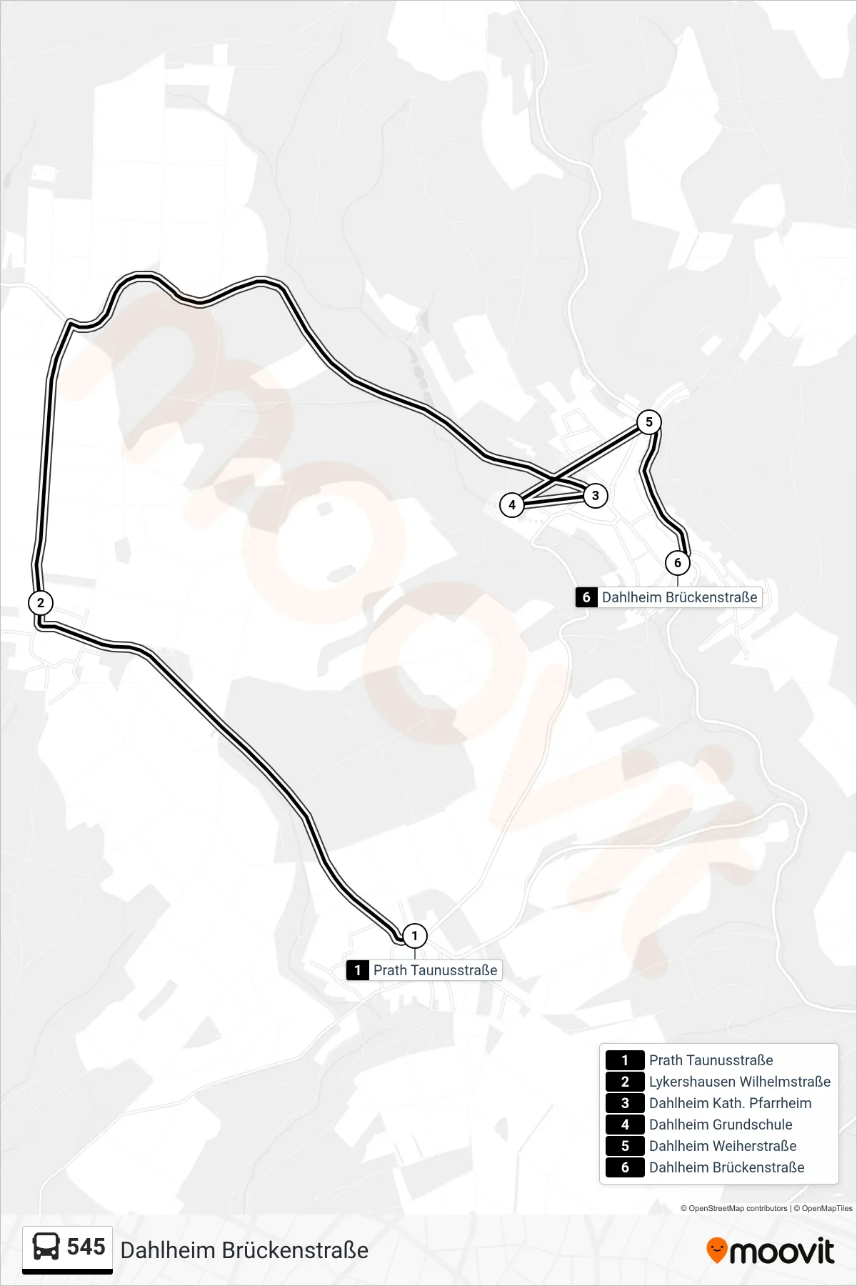 545 bus Line (Dahlheim Brückenstraße) route and stops on a map