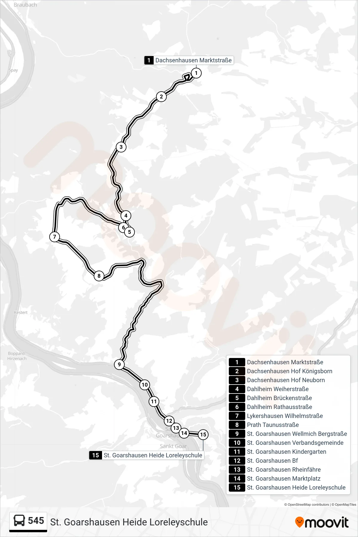 545 bus Line (St. Goarshausen Heide Loreleyschule) route and stops on a map