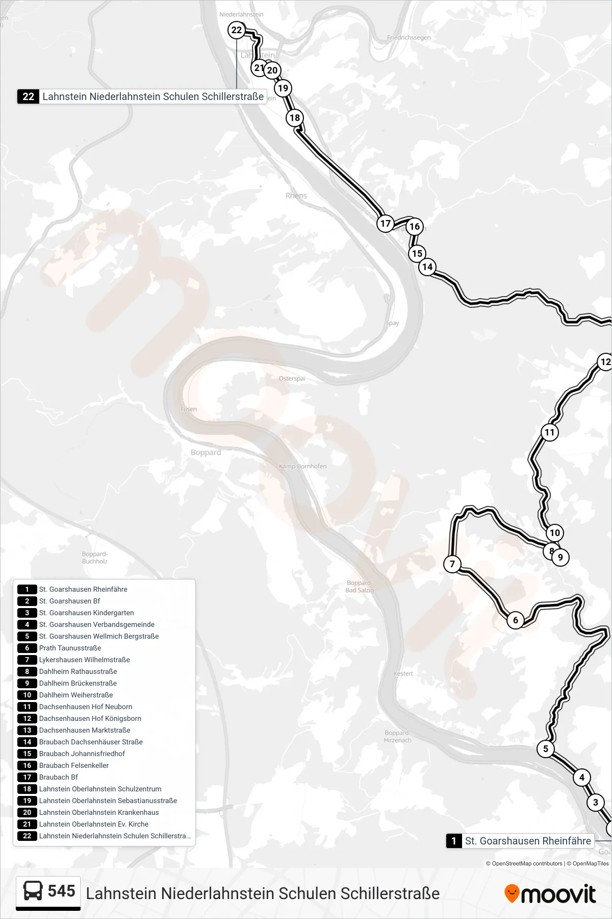 545 bus Line (Lahnstein Niederlahnstein Schulen Schillerstraße) route and stops on a map