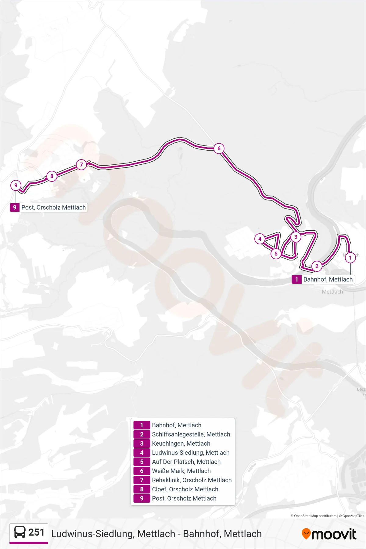 251 bus Line (Post, Orscholz Mettlach) route and stops on a map