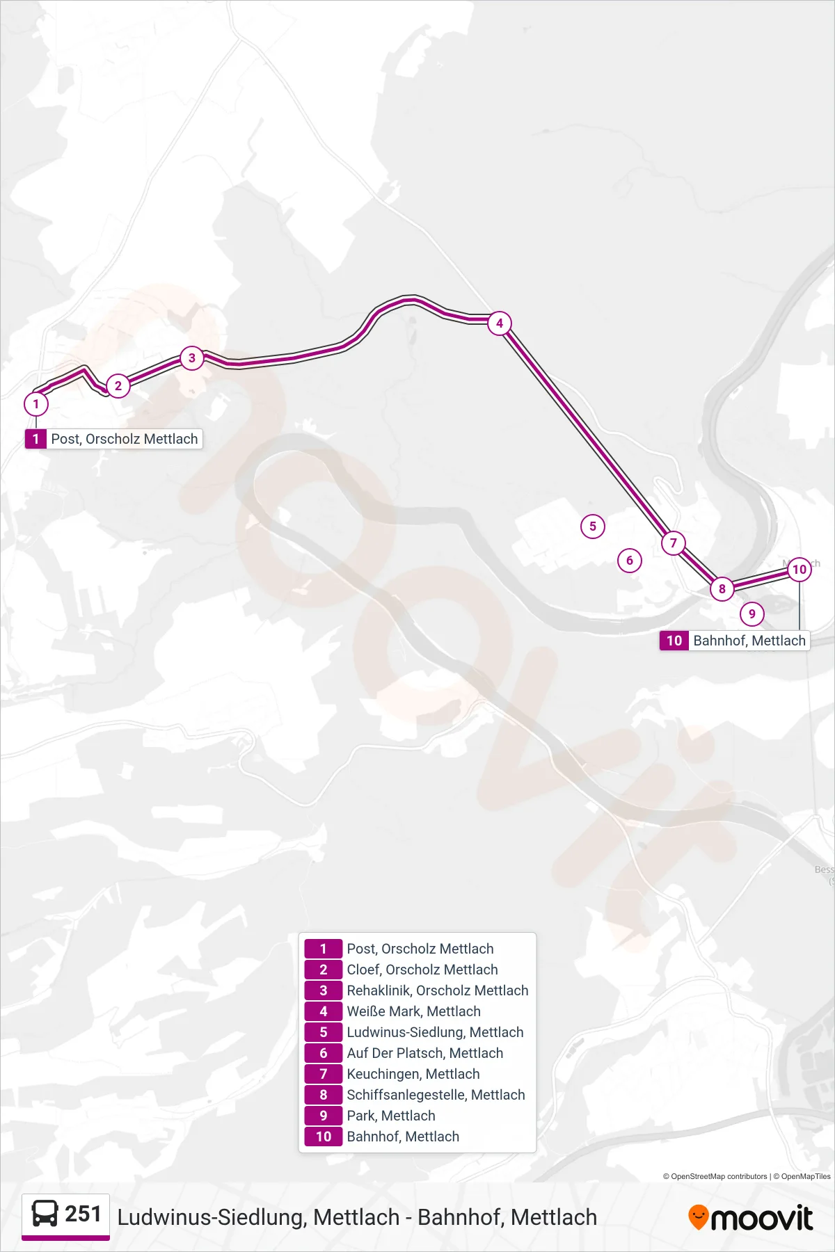 251 bus Line (Bahnhof, Mettlach) route and stops on a map