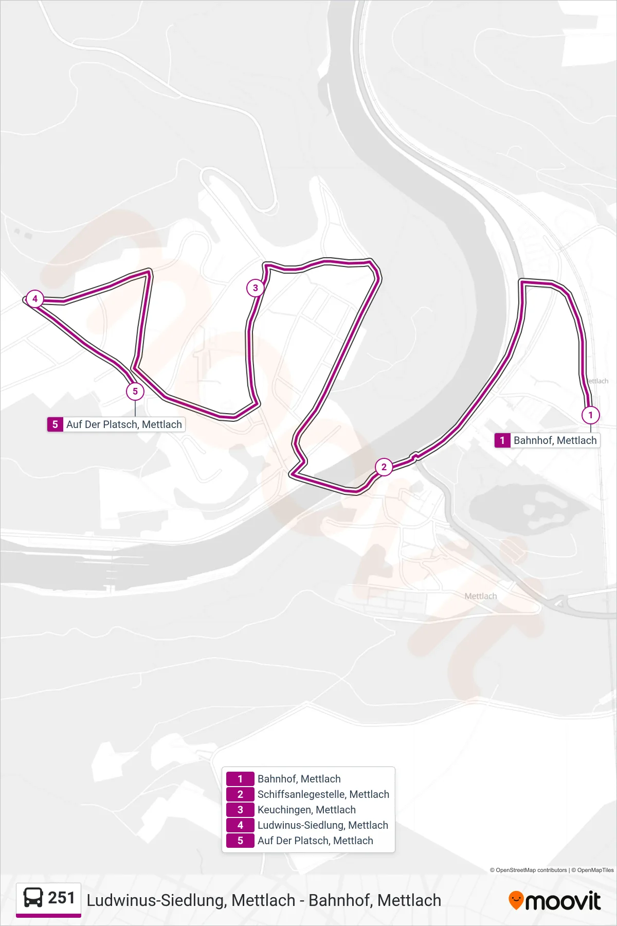 251 bus Line (Auf Der Platsch, Mettlach) route and stops on a map
