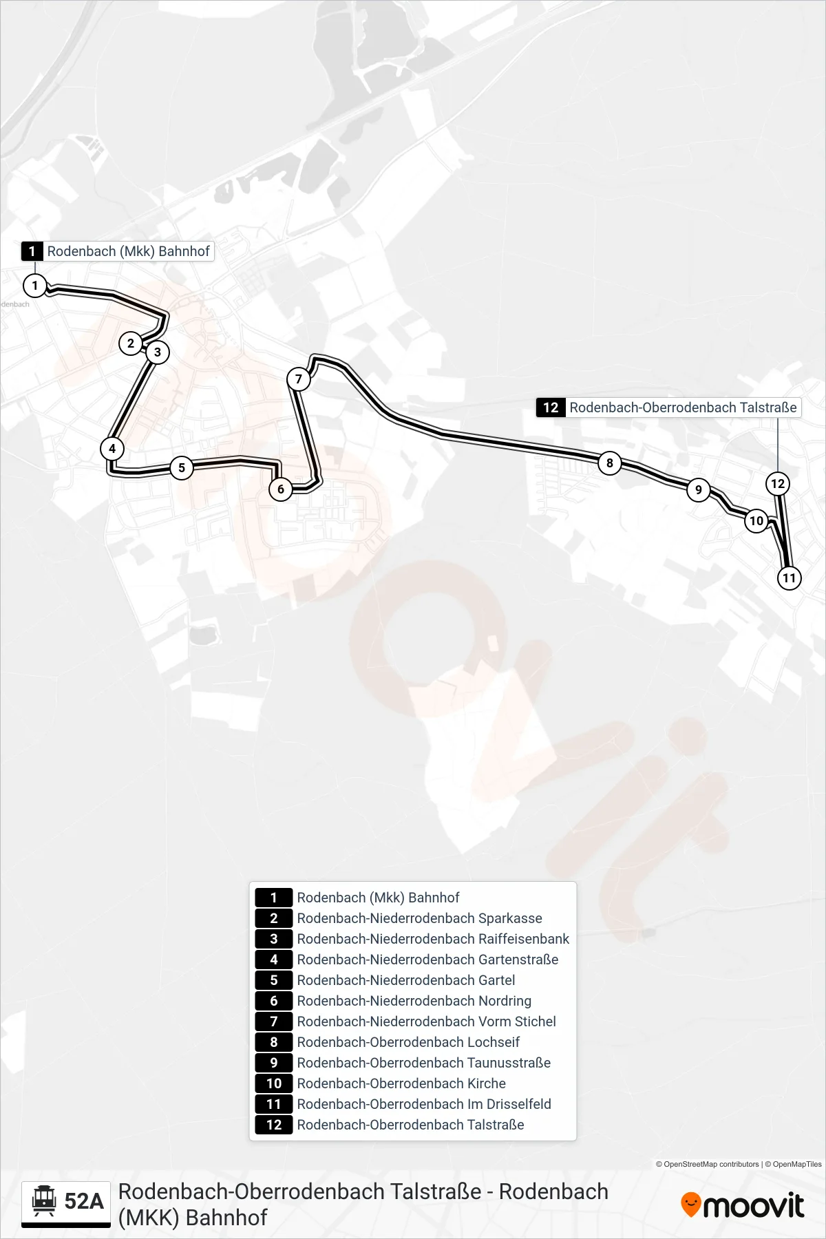 52A cable car Line (Rodenbach-Oberrodenbach Talstraße) route and stops on a map