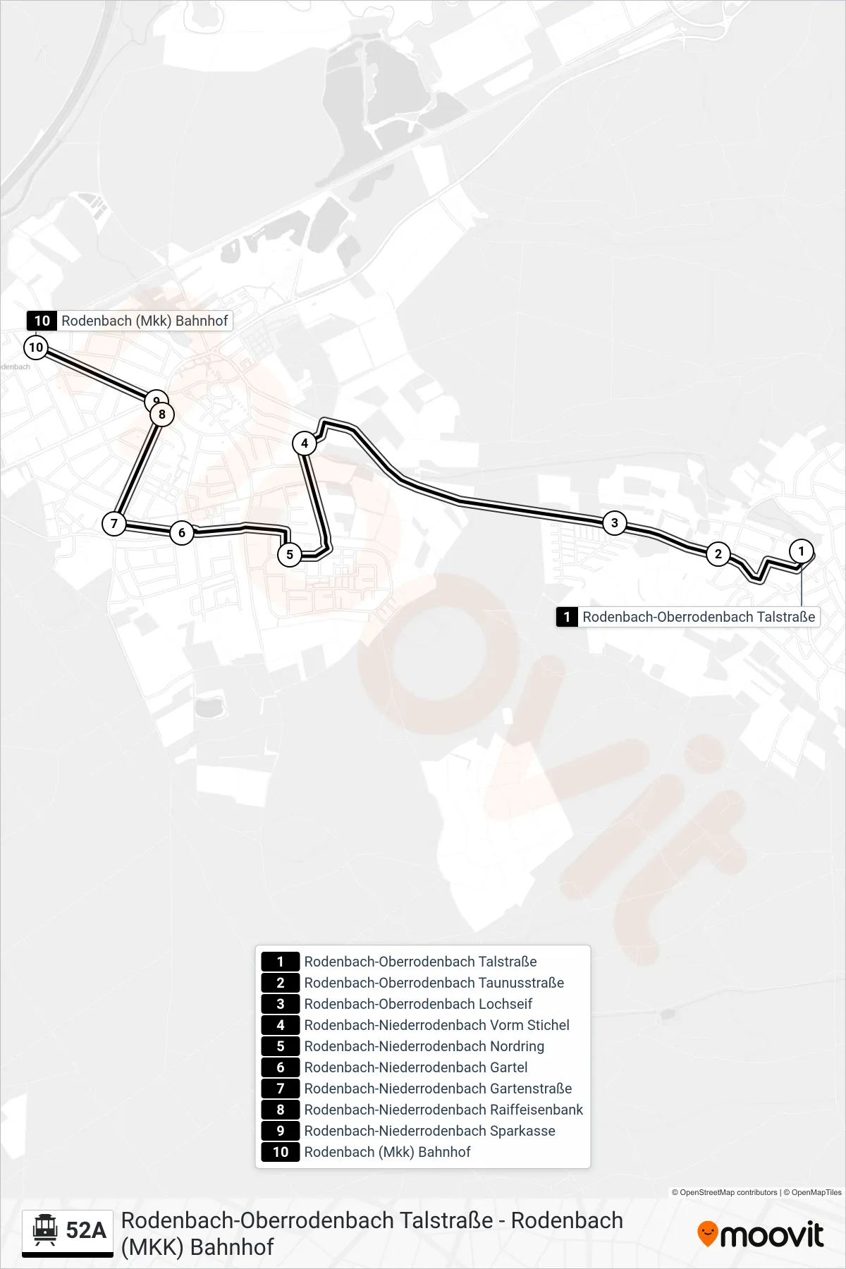 Linie 52A (Seilbahn) Richtung Rodenbach (Mkk) Bahnhof: Route und Haltestellen auf der Karte