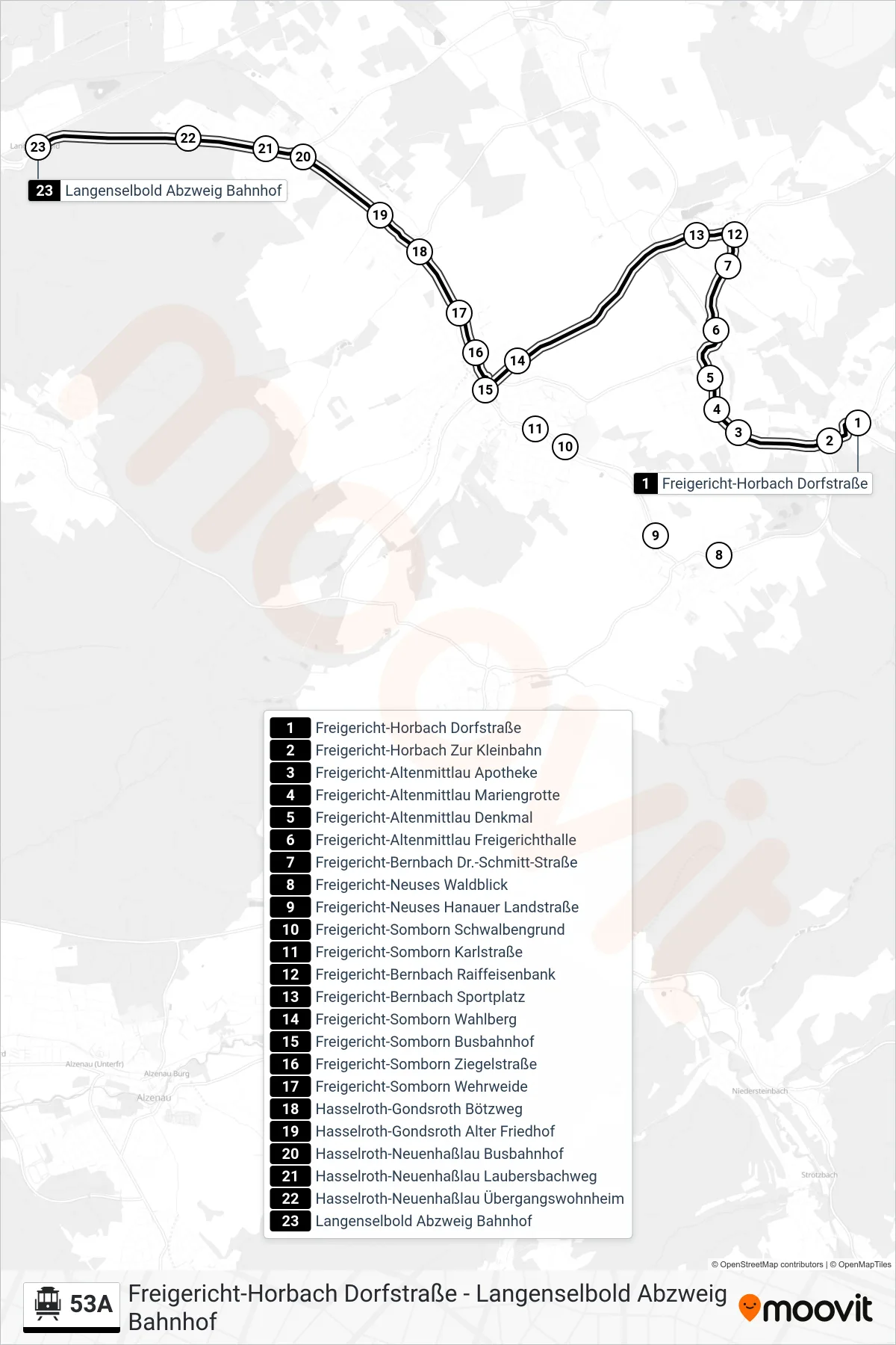 53A S-Bahn Line (Langenselbold Abzweig Bahnhof) route and stops on a map