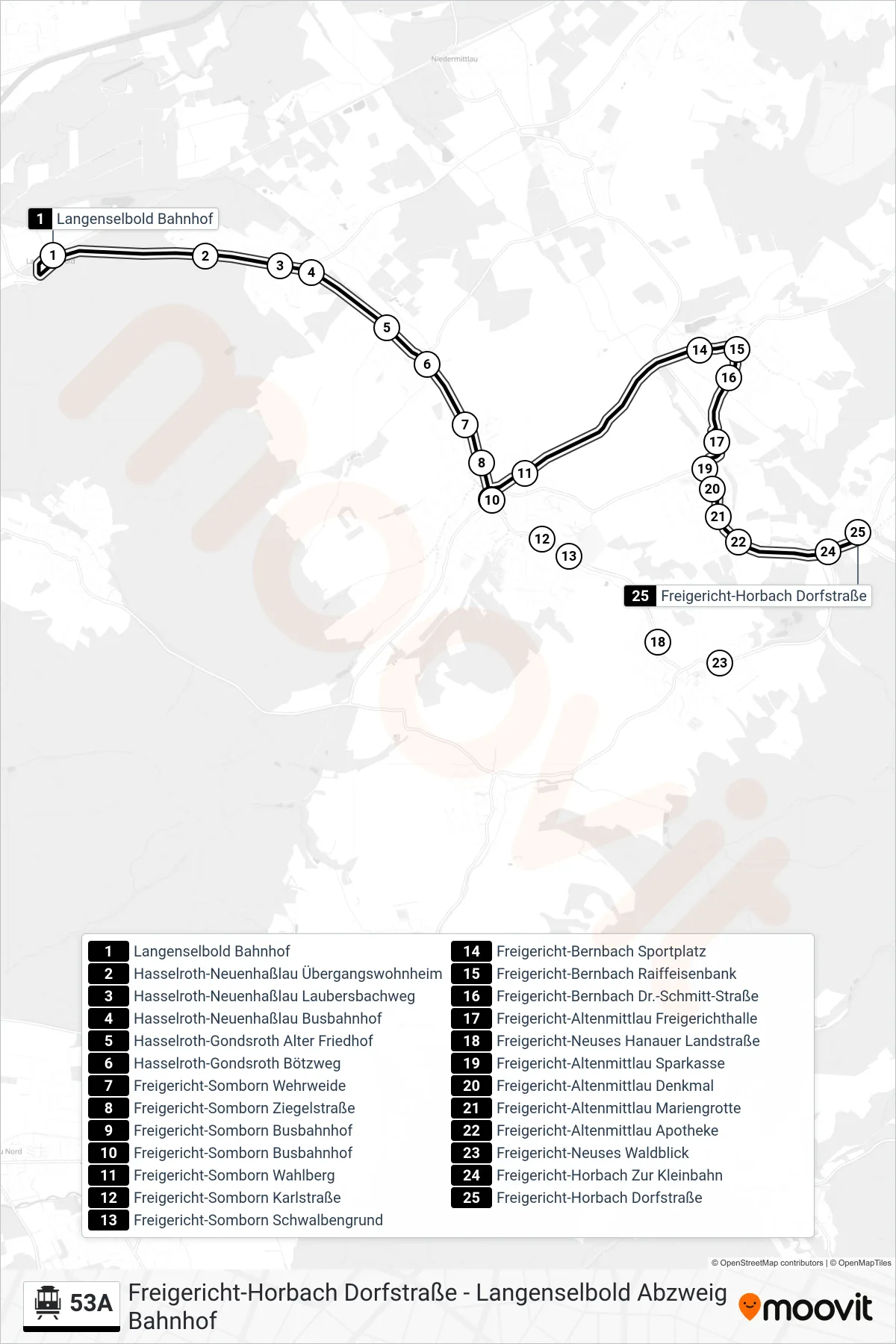 Linie 53A (Seilbahn) Richtung Freigericht-Horbach Dorfstraße: Route und Haltestellen auf der Karte