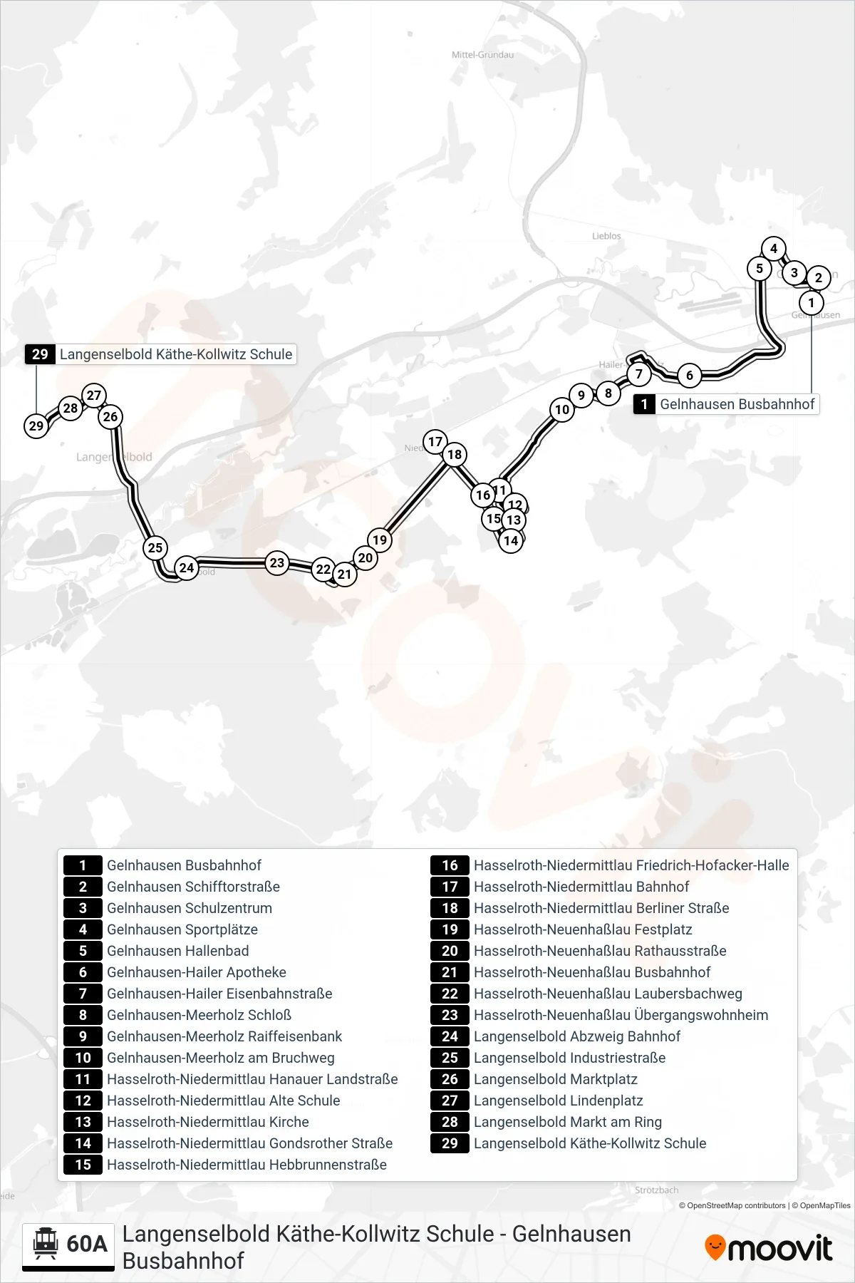 60A S-Bahn Line (Langenselbold Käthe-Kollwitz Schule) route and stops on a map