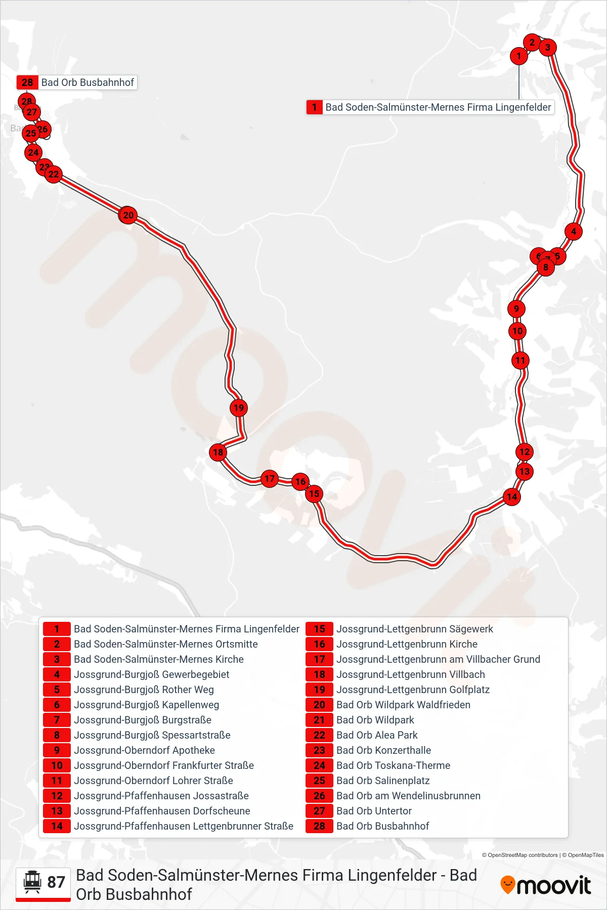 Linie 87 (Seilbahn) Richtung Bad Orb Busbahnhof: Route und Haltestellen auf der Karte