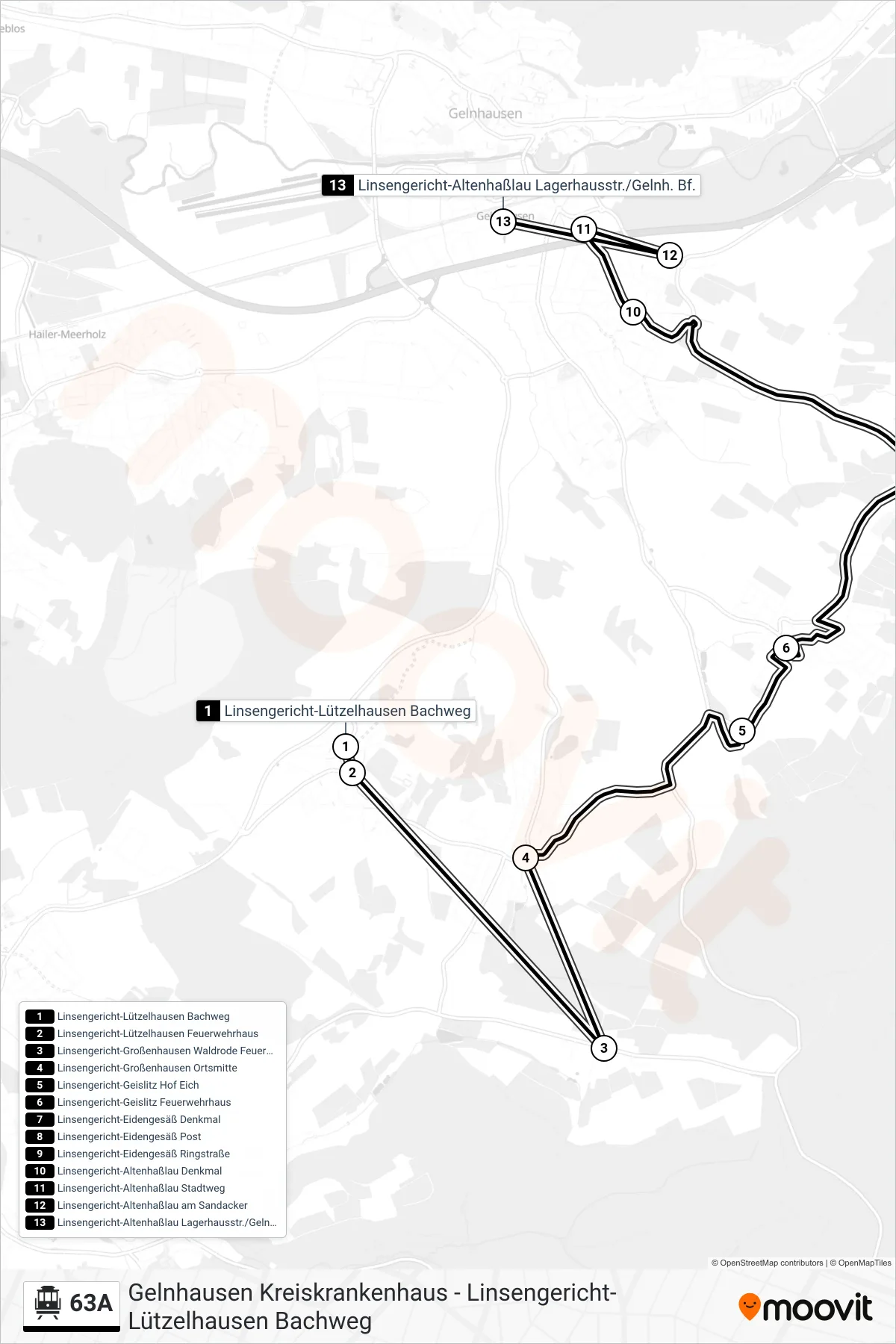 63A S-Bahn Line (Linsengericht-Altenhaßlau Lagerhausstr./Gelnh. Bf.) route and stops on a map