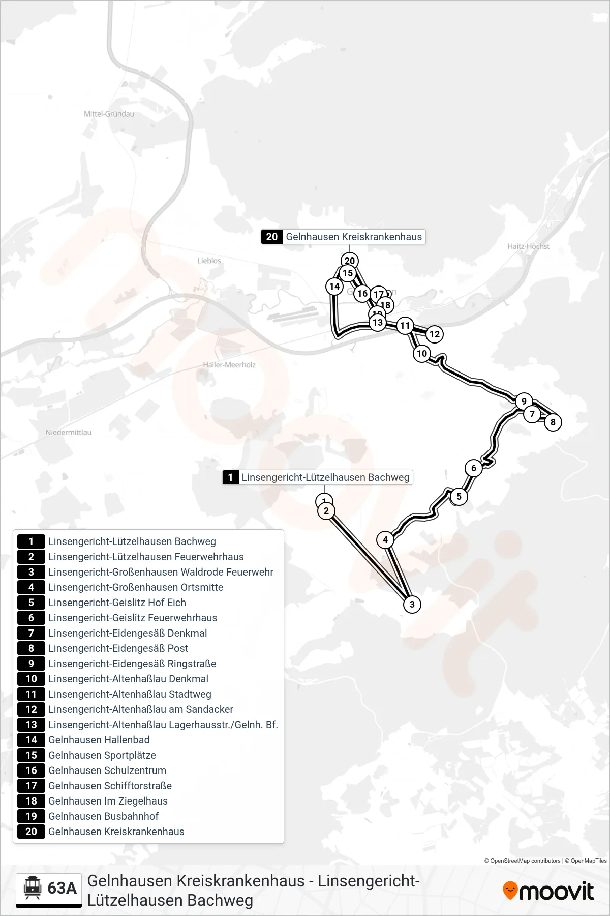 63A S-Bahn Line (Gelnhausen Kreiskrankenhaus) route and stops on a map