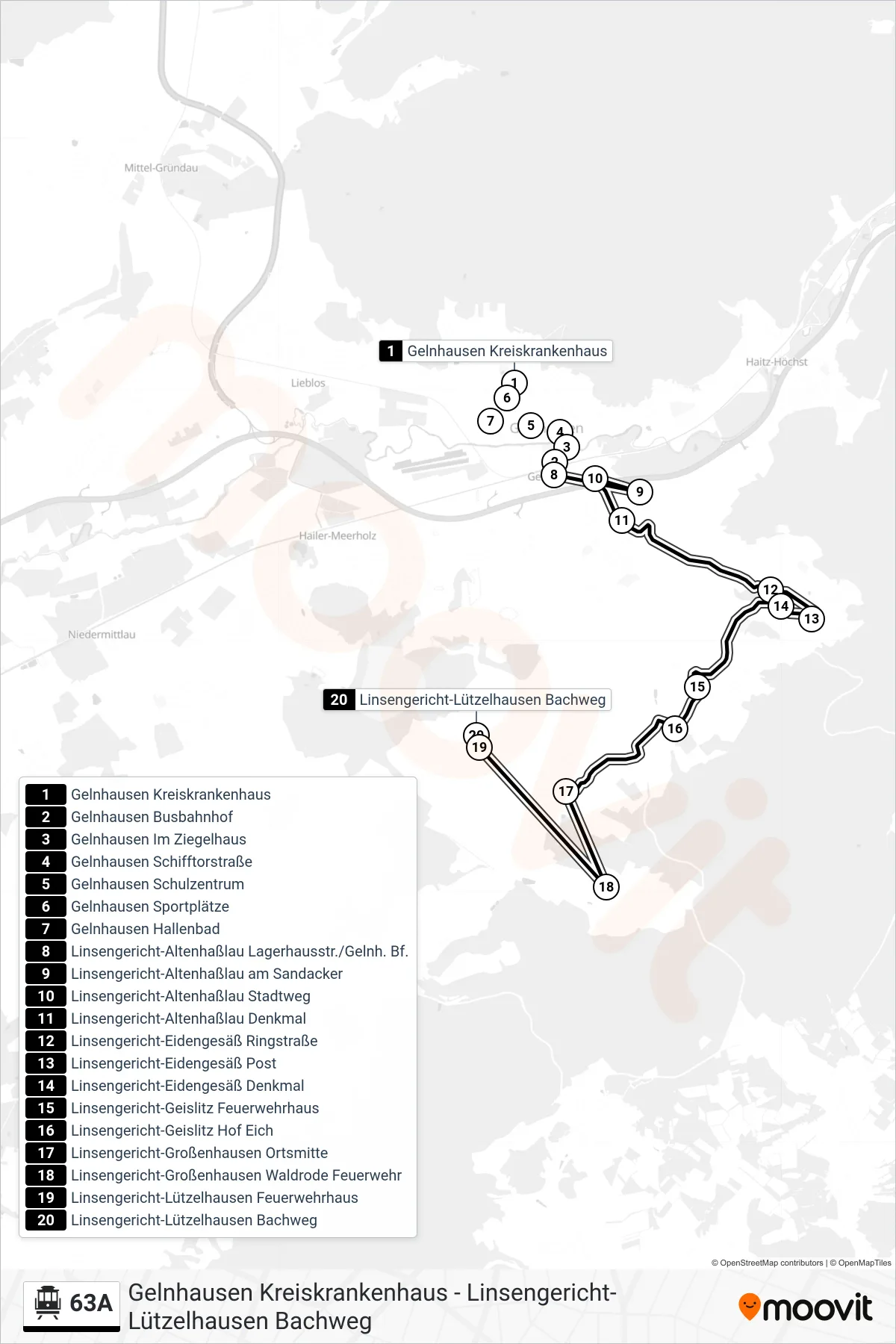 Linie 63A (S-Bahn) Richtung Linsengericht-Lützelhausen Bachweg: Route und Haltestellen auf der Karte