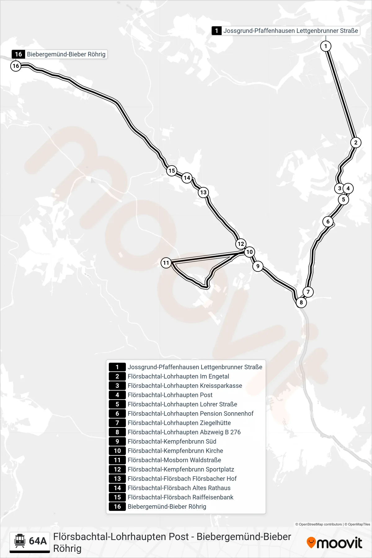 64A cable car Line (Biebergemünd-Bieber Röhrig) route and stops on a map