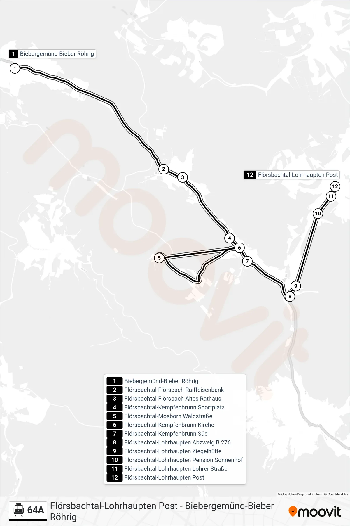Linie 64A (S-Bahn) Richtung Flörsbachtal-Lohrhaupten Post: Route und Haltestellen auf der Karte