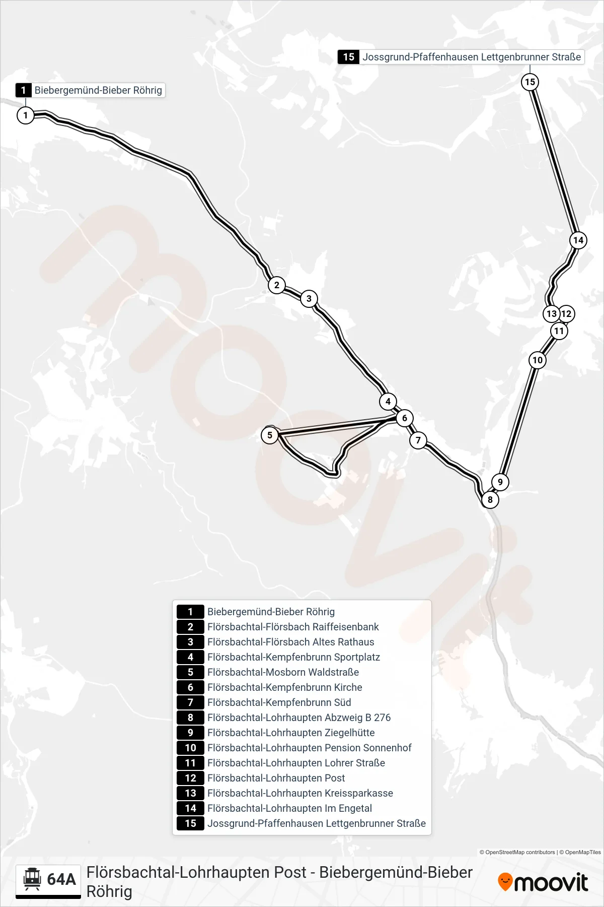 64A S-Bahn Line (Jossgrund-Pfaffenhausen Lettgenbrunner Straße) route and stops on a map
