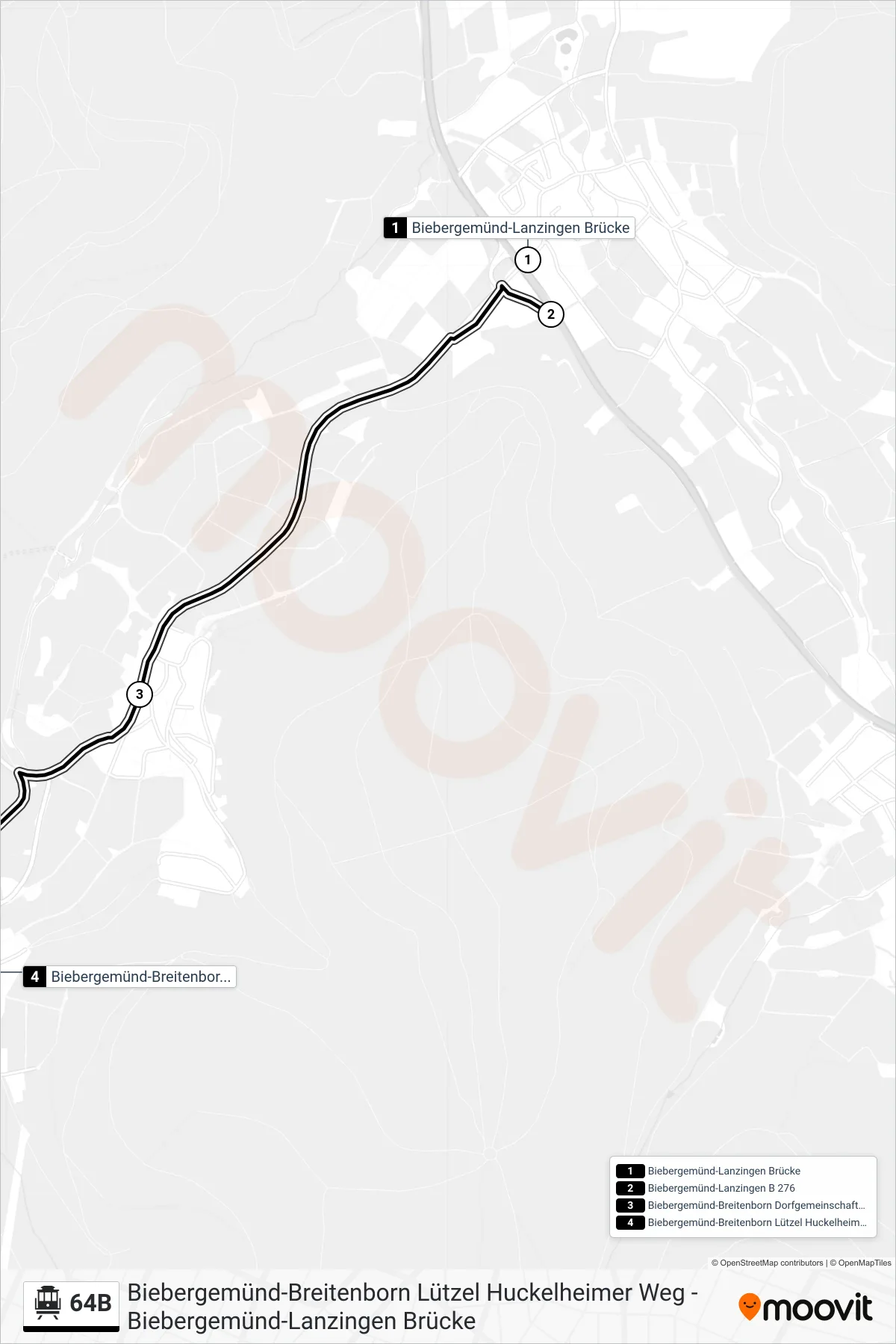 64B S-Bahn Line (Biebergemünd-Breitenborn Lützel Huckelheimer Weg) route and stops on a map