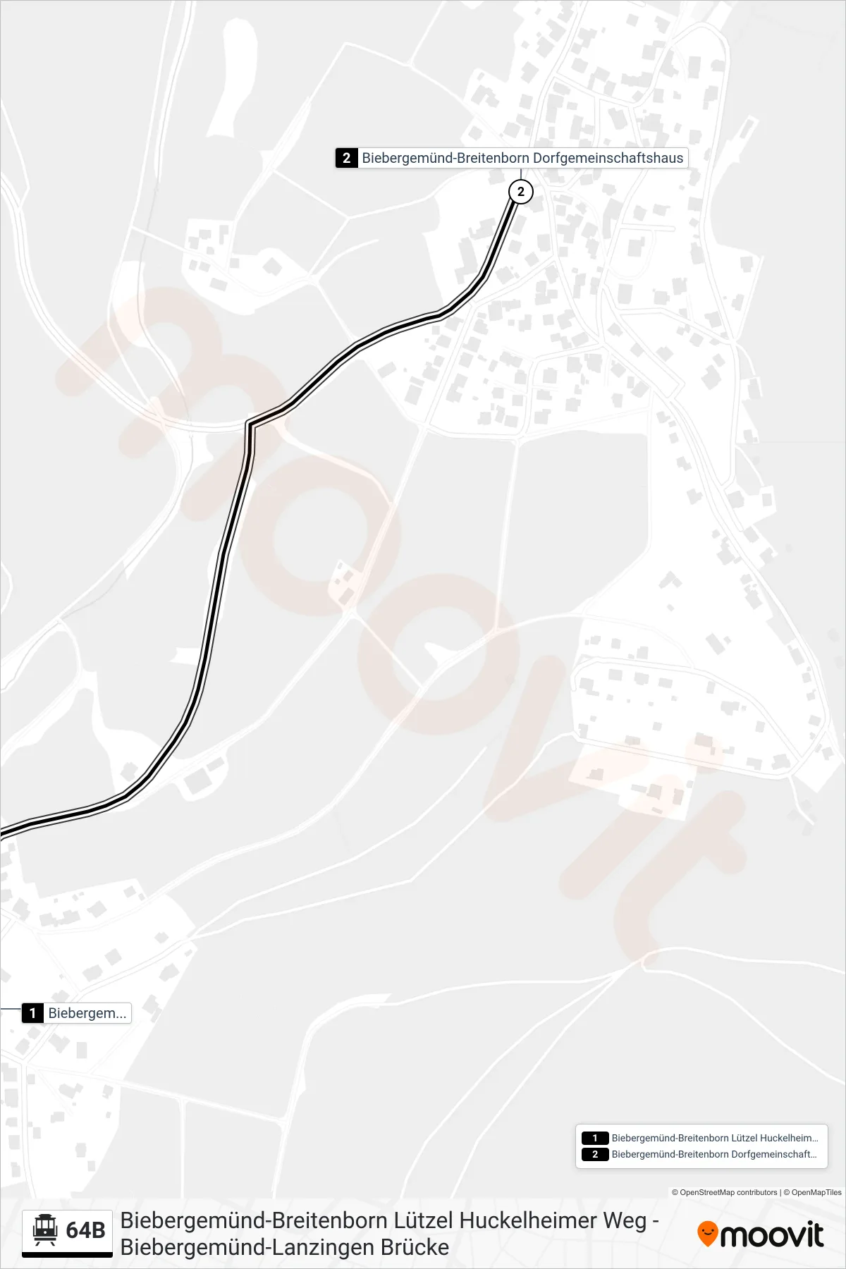 64B cable car Line (Biebergemünd-Breitenborn Dorfgemeinschaftshaus) route and stops on a map