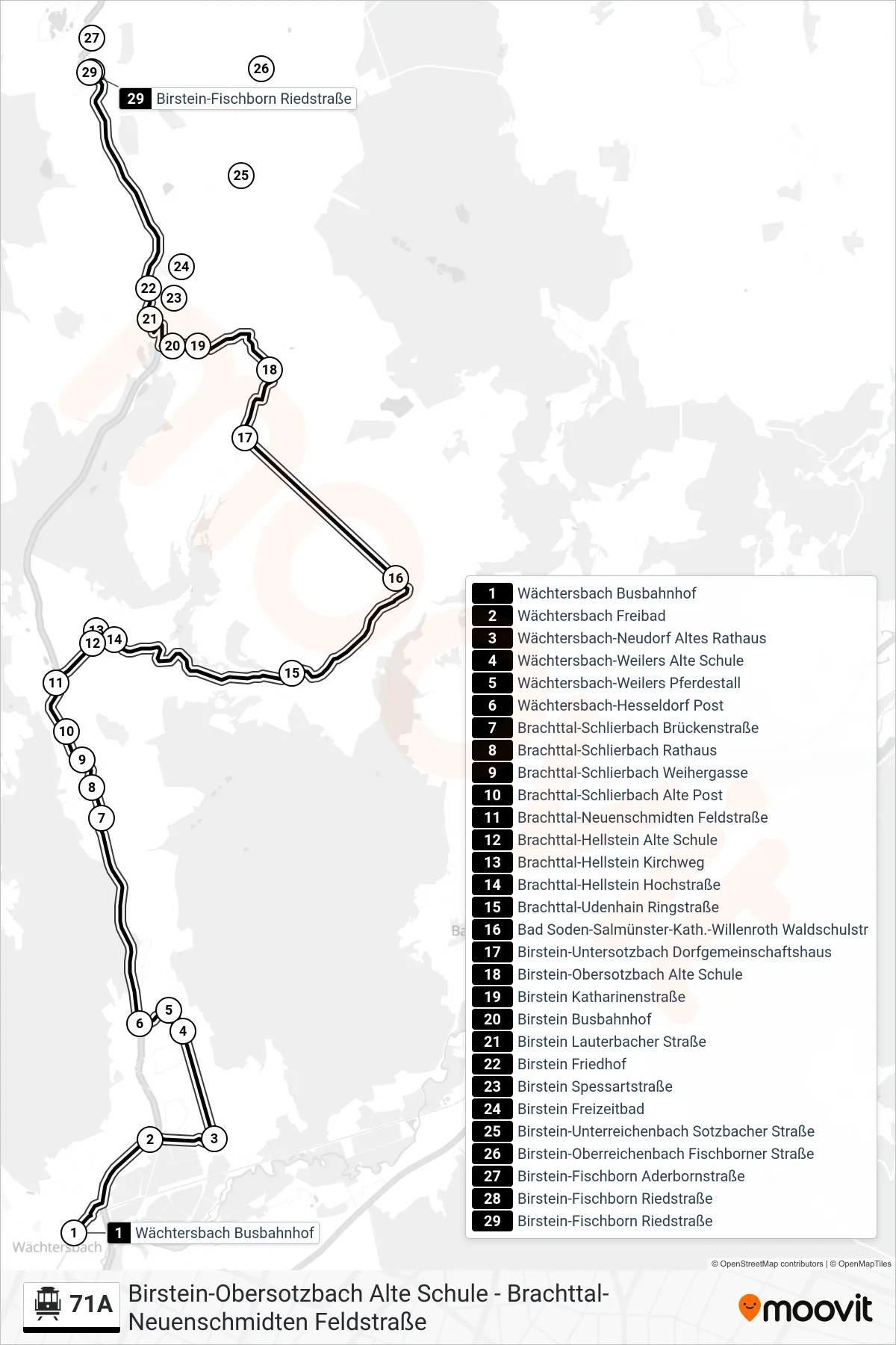 71A S-Bahn Line (Birstein-Fischborn Riedstraße) route and stops on a map