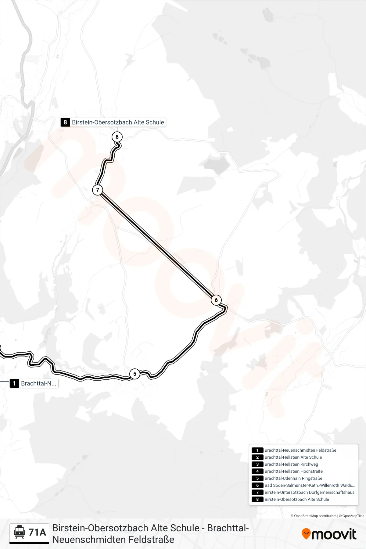 Linie 71A (S-Bahn) Richtung Birstein-Obersotzbach Alte Schule: Route und Haltestellen auf der Karte