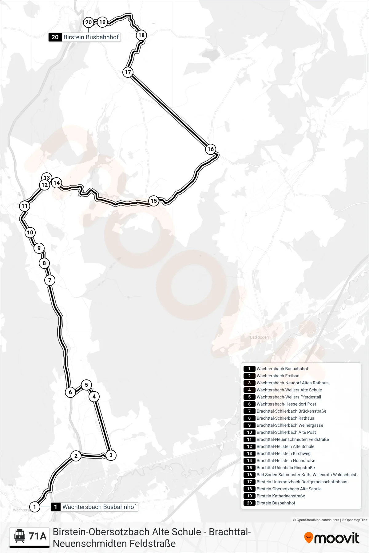 71A S-Bahn Line (Birstein Busbahnhof) route and stops on a map