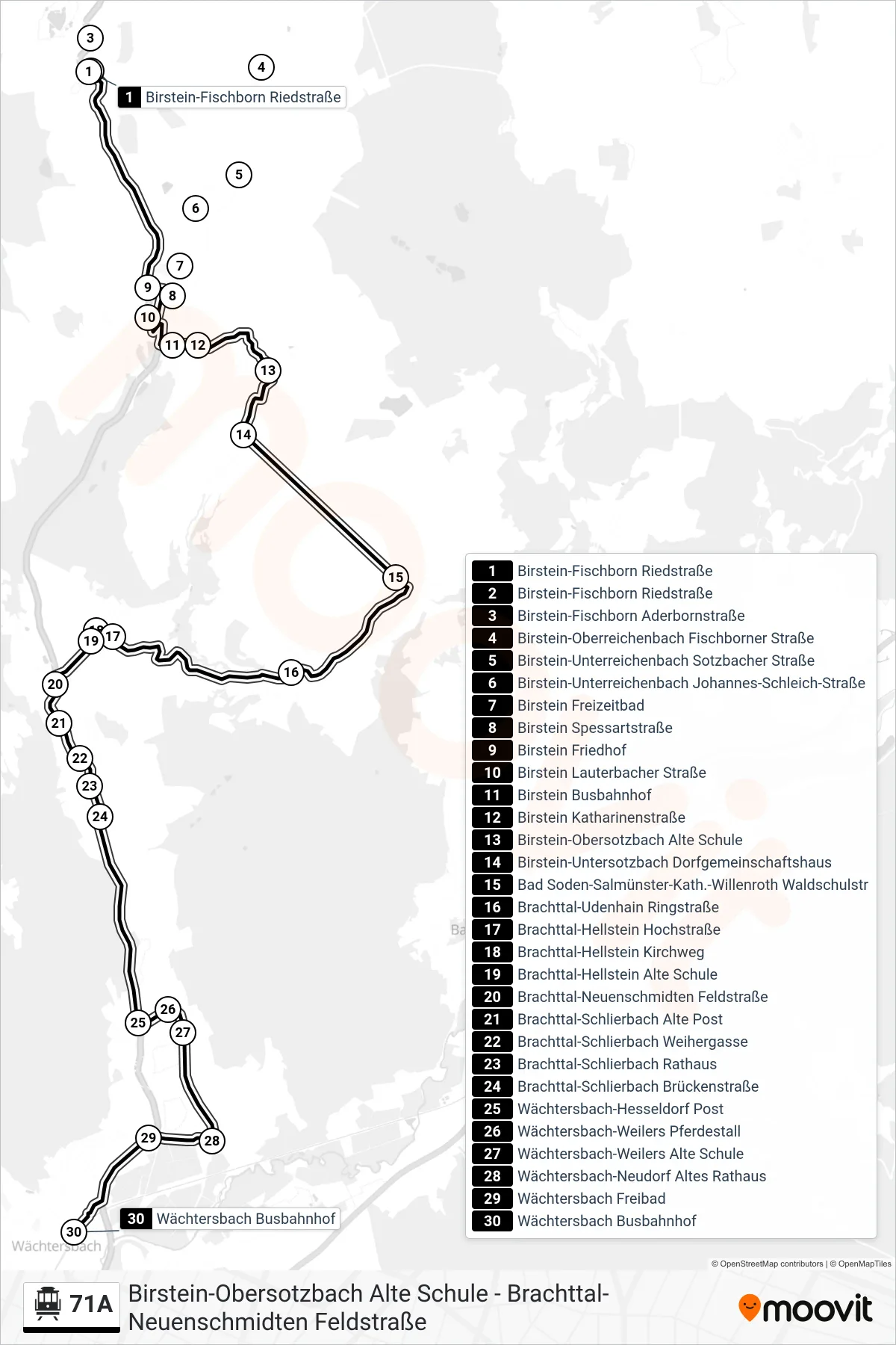 71A cable car Line (Wächtersbach Busbahnhof) route and stops on a map