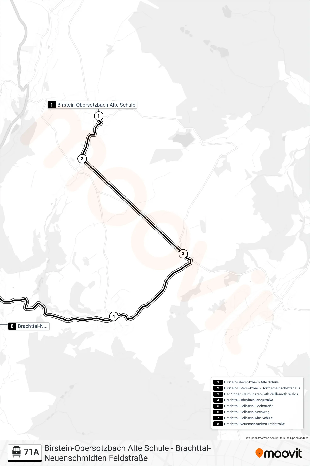 71A S-Bahn Line (Brachttal-Neuenschmidten Feldstraße) route and stops on a map