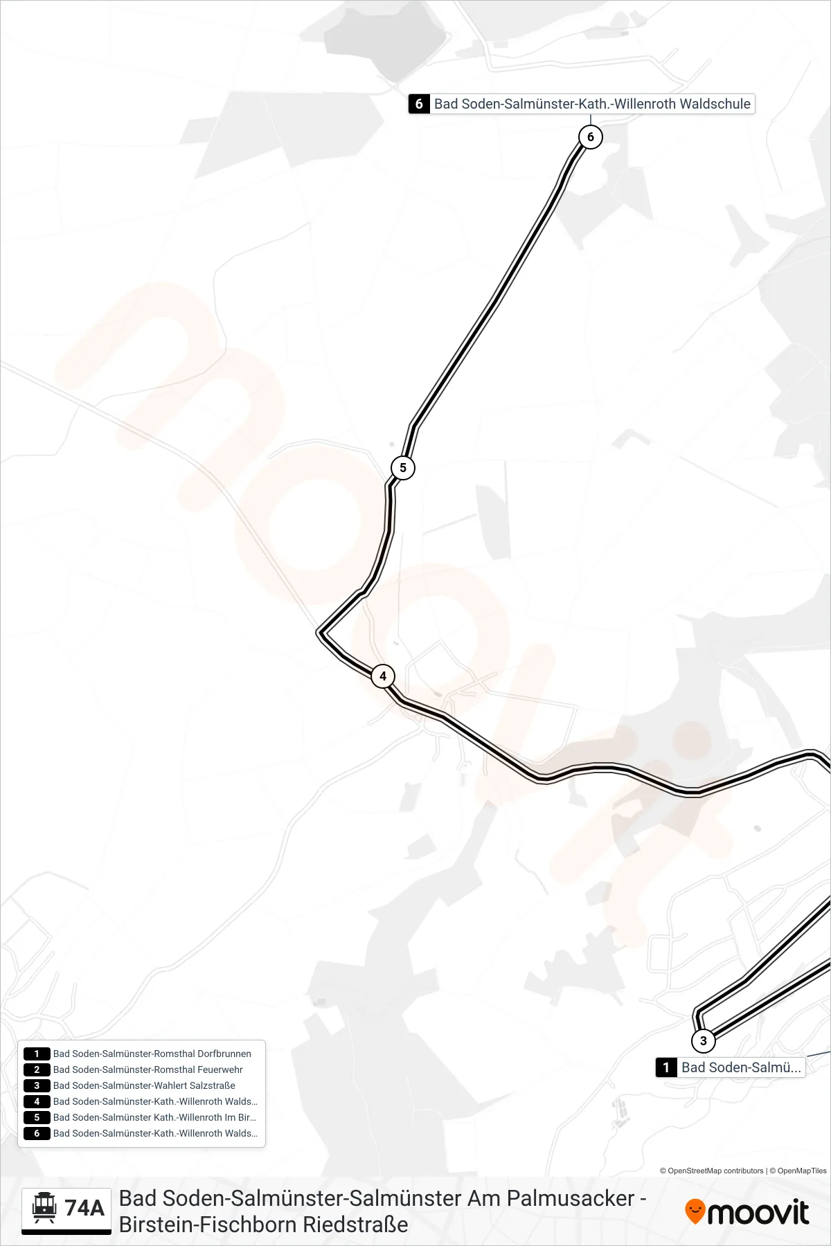 74A S-Bahn Line (Bad Soden-Salmünster-Kath.-Willenroth Waldschule) route and stops on a map