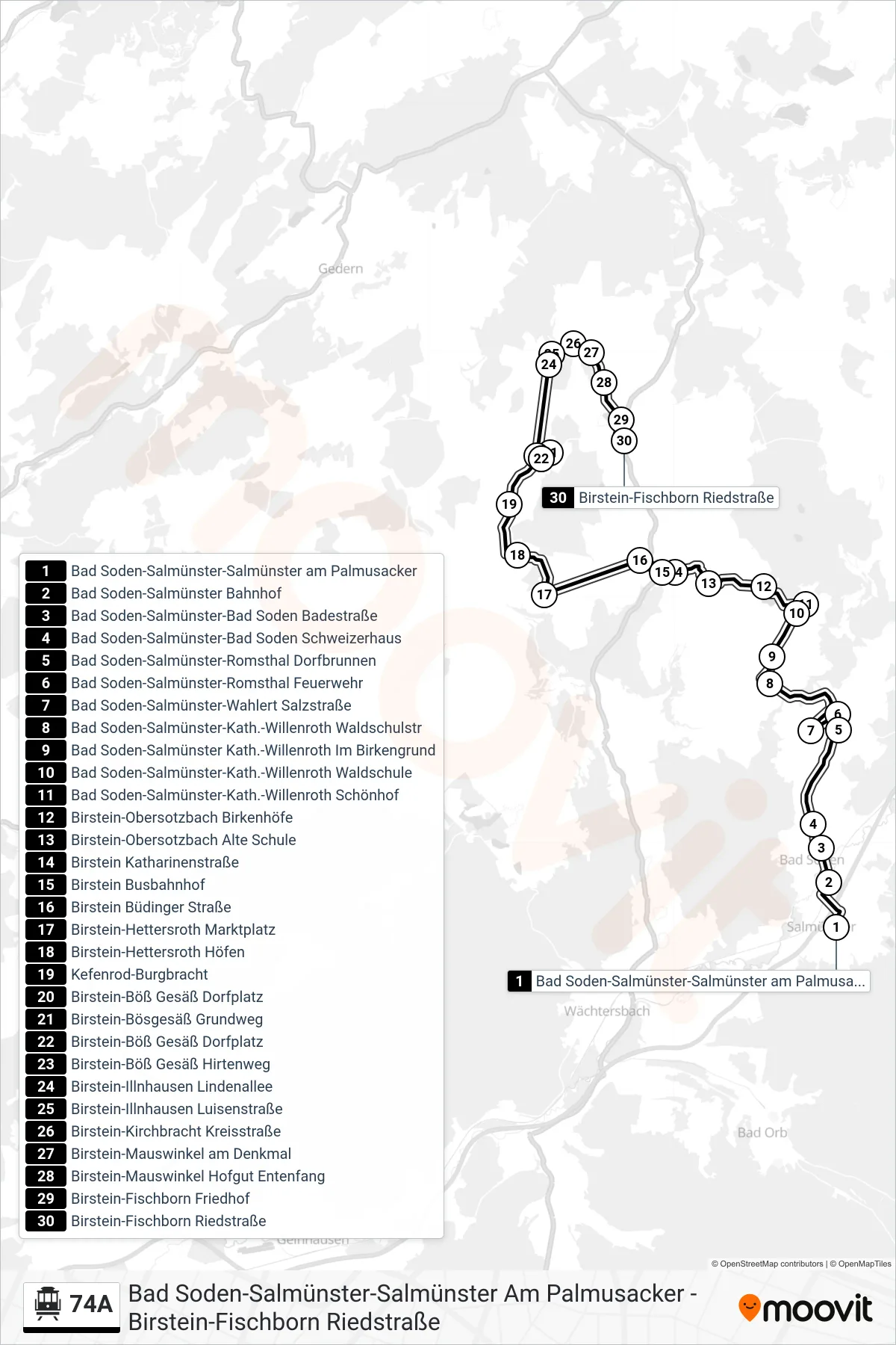74A S-Bahn Line (Birstein-Fischborn Riedstraße) route and stops on a map